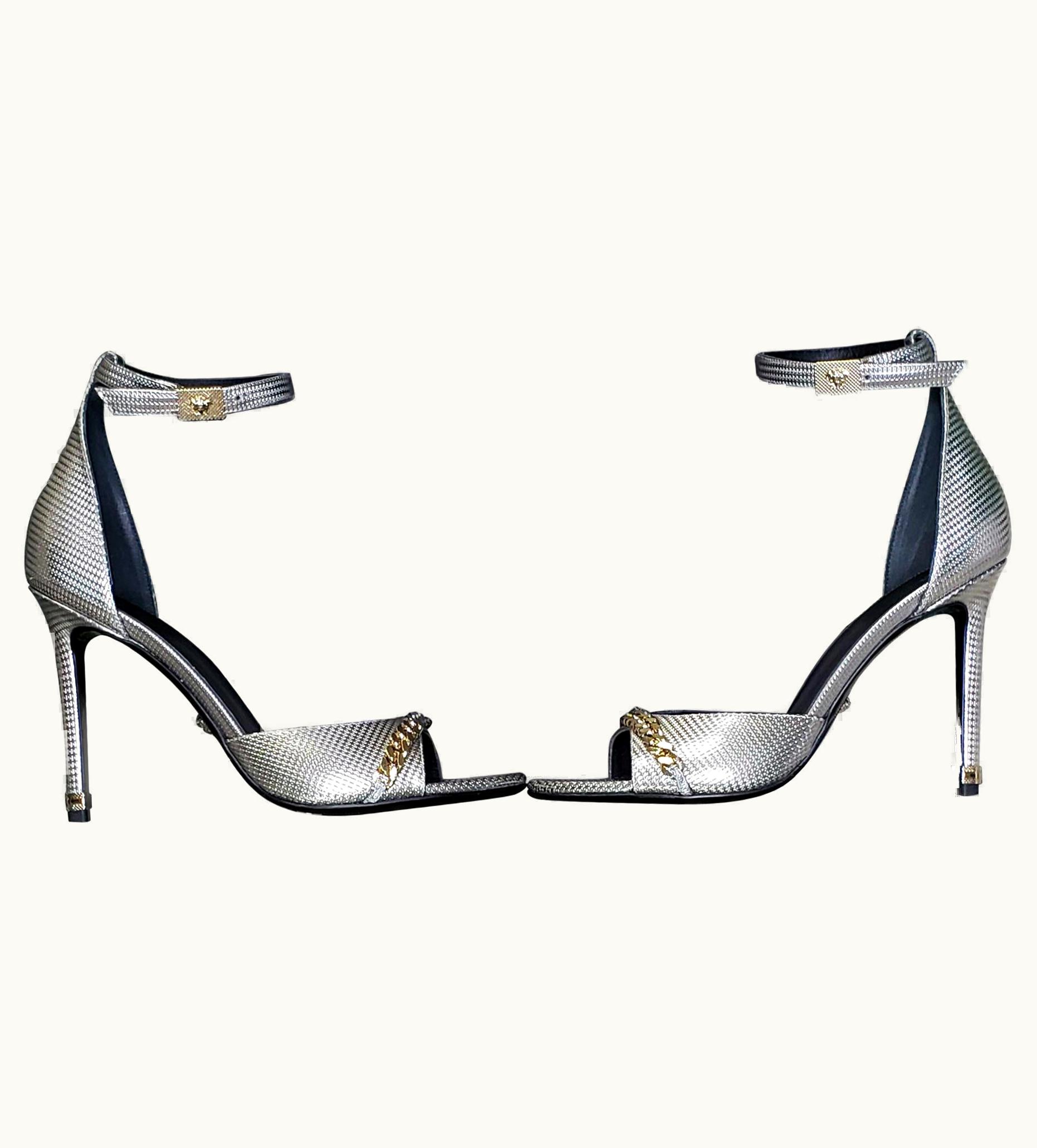 Versace Versace Silver Leather Sandals Shoes With Gold Chain