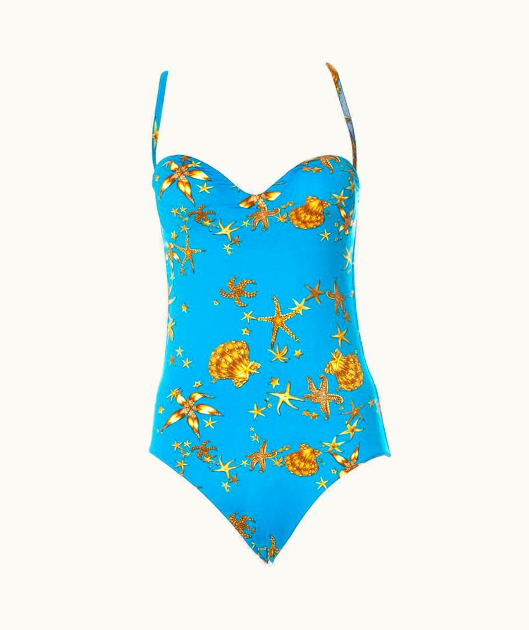 Versace Versace Seashell And Starfish Turquoise Yellow Swimsuit