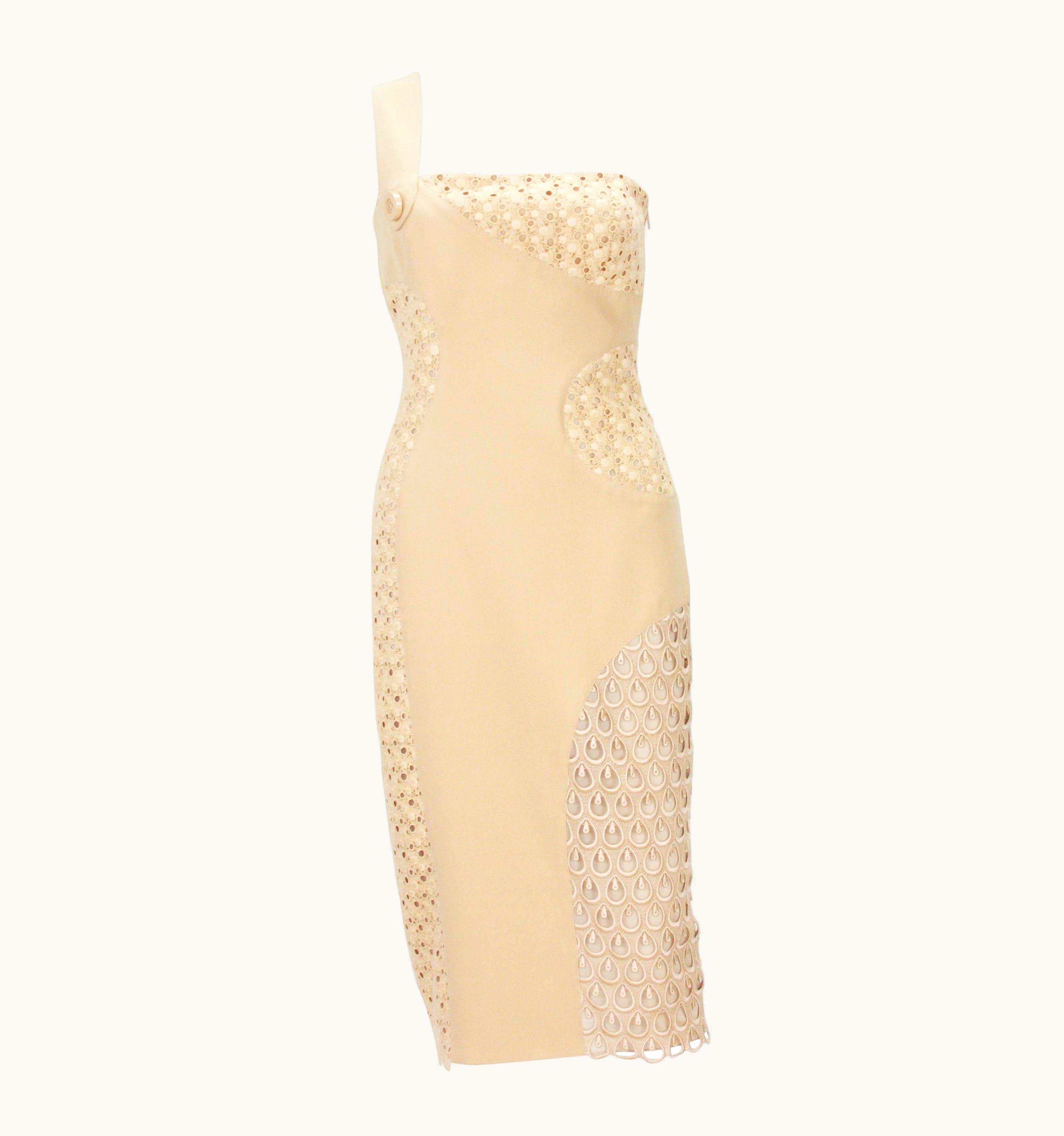 Versace Versace Nude Crocheted Cotton And Silk-Cady One-Shoulder Dress