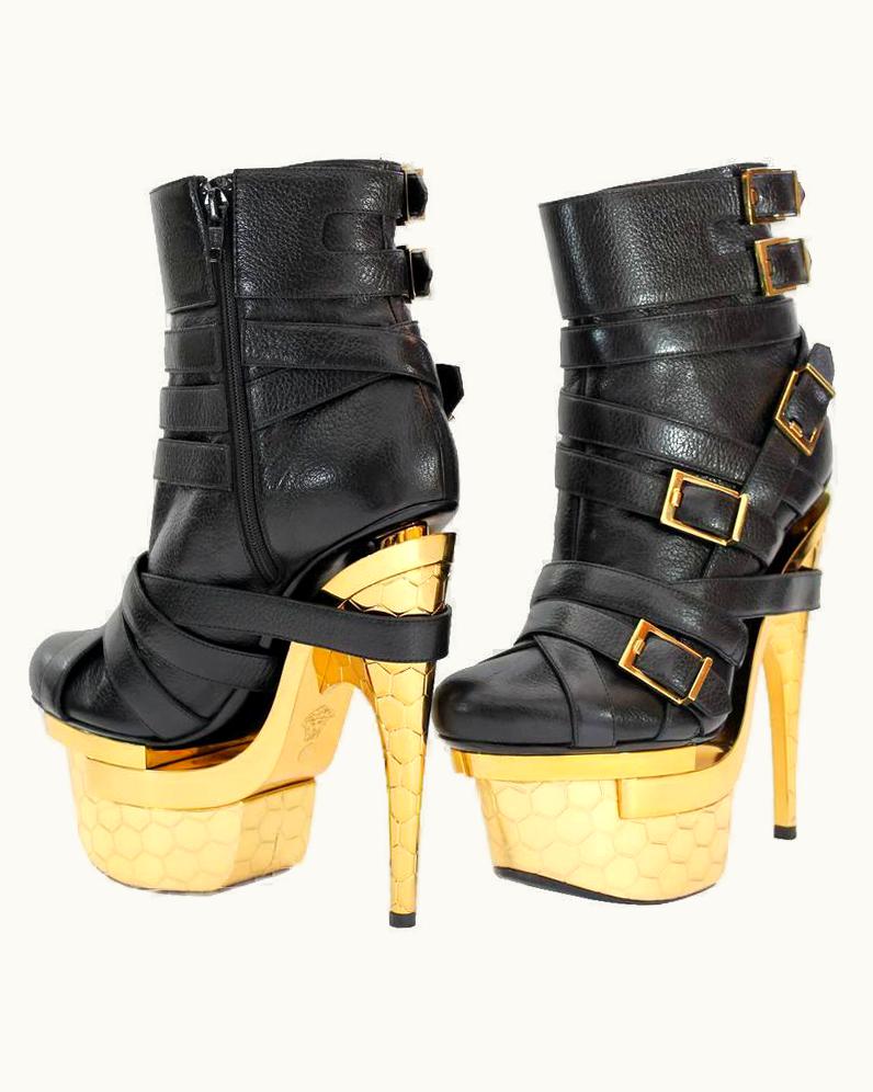 Versace Versace Bondage Triple Platform Black Leather Ankle Boots