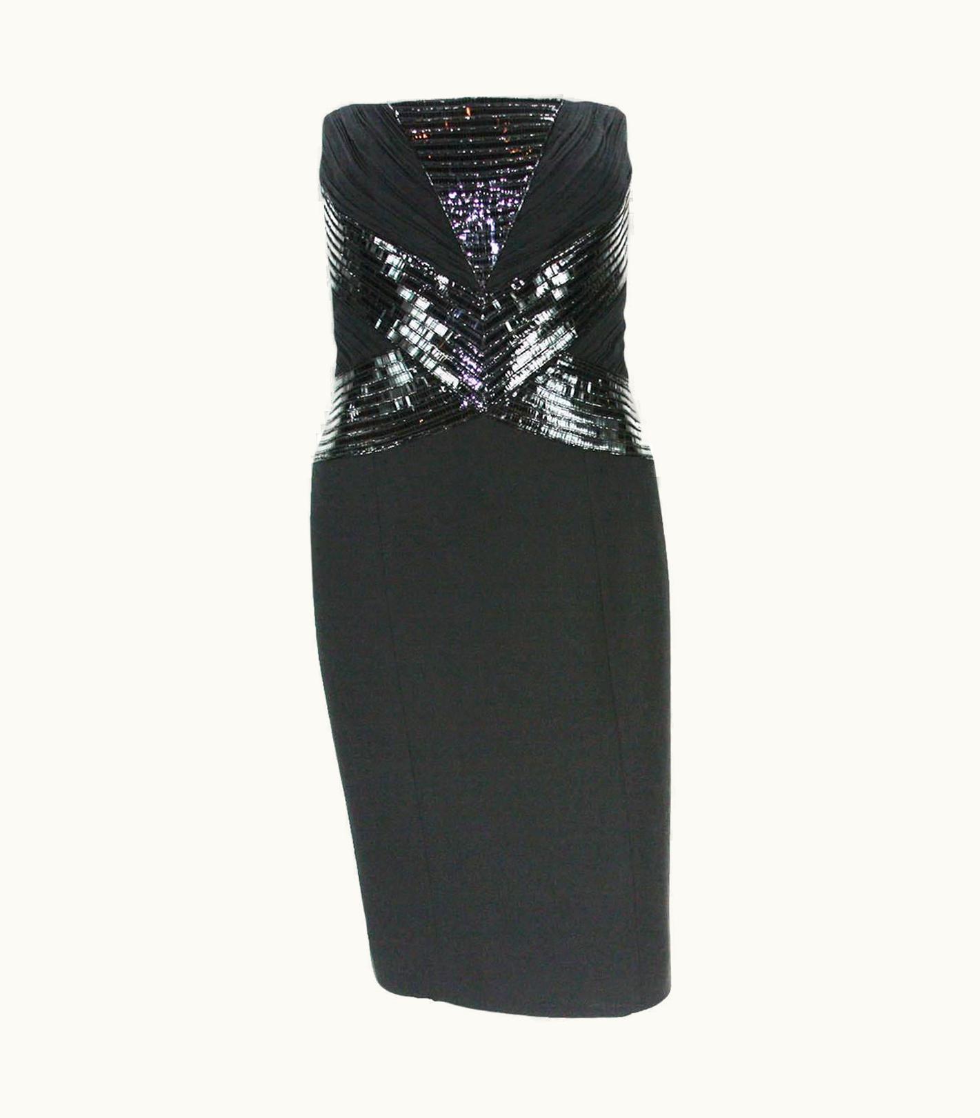 Versace Versace Patent Leather Embellished Silk Black Cocktail Strapless Dress