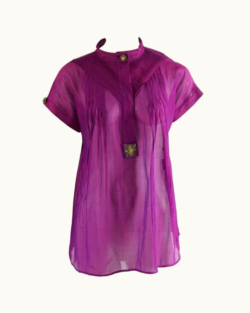 Versace Versace Purple Silk Organza Short Sleeve Top With Stone Detailing