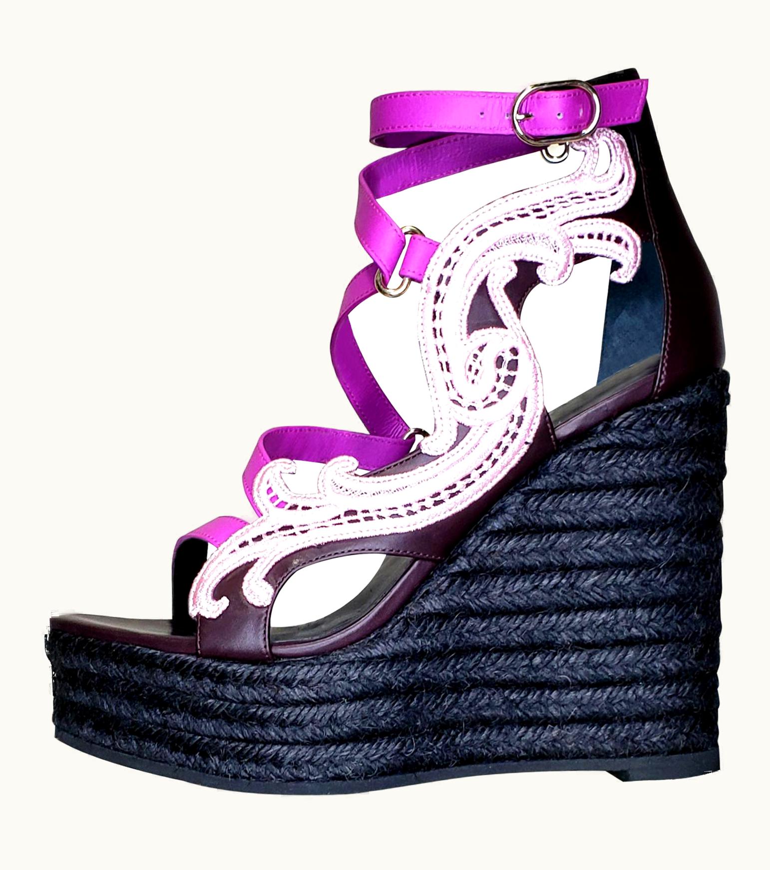 Versace Versace Purple Leather And Pink Lace Wedge Sandals 37, 37.5
