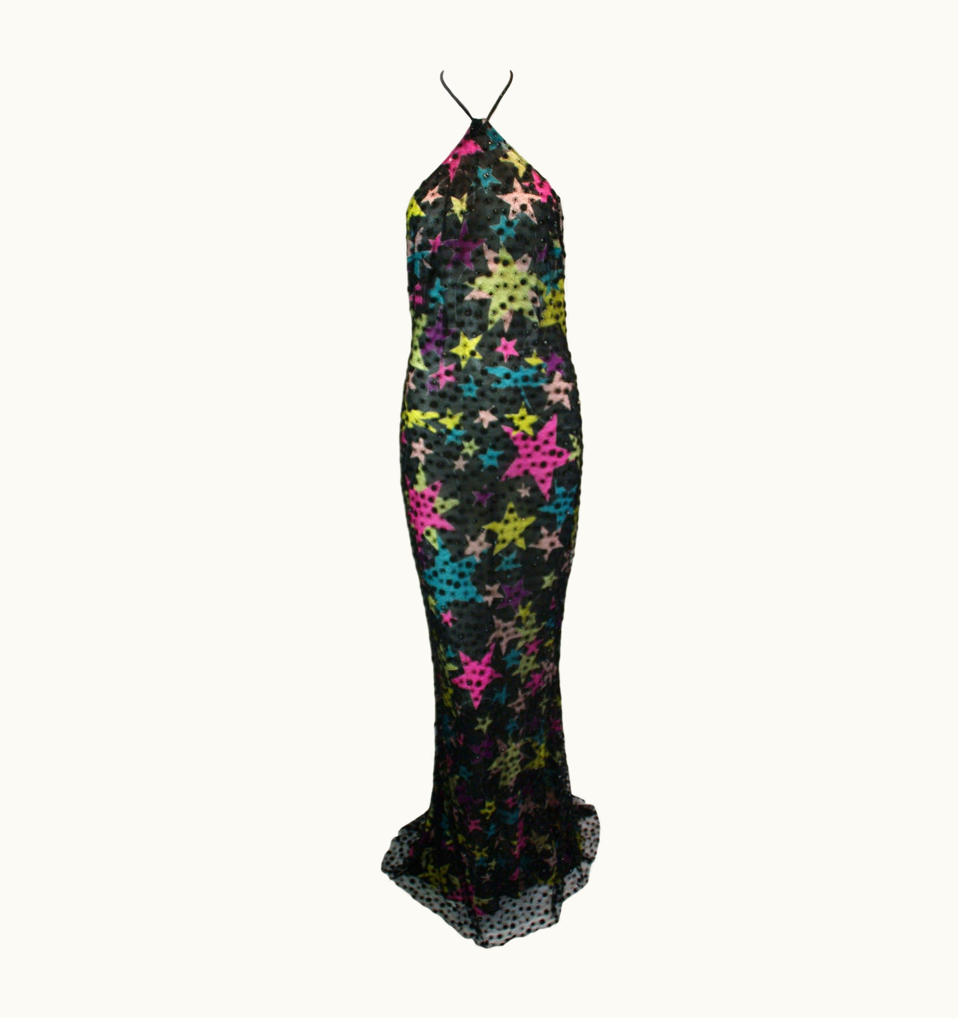 Gianni Versace Couture S/S 2002 Gianni Versace Sheer Star Print Silk Mesh Beaded Gown Dress