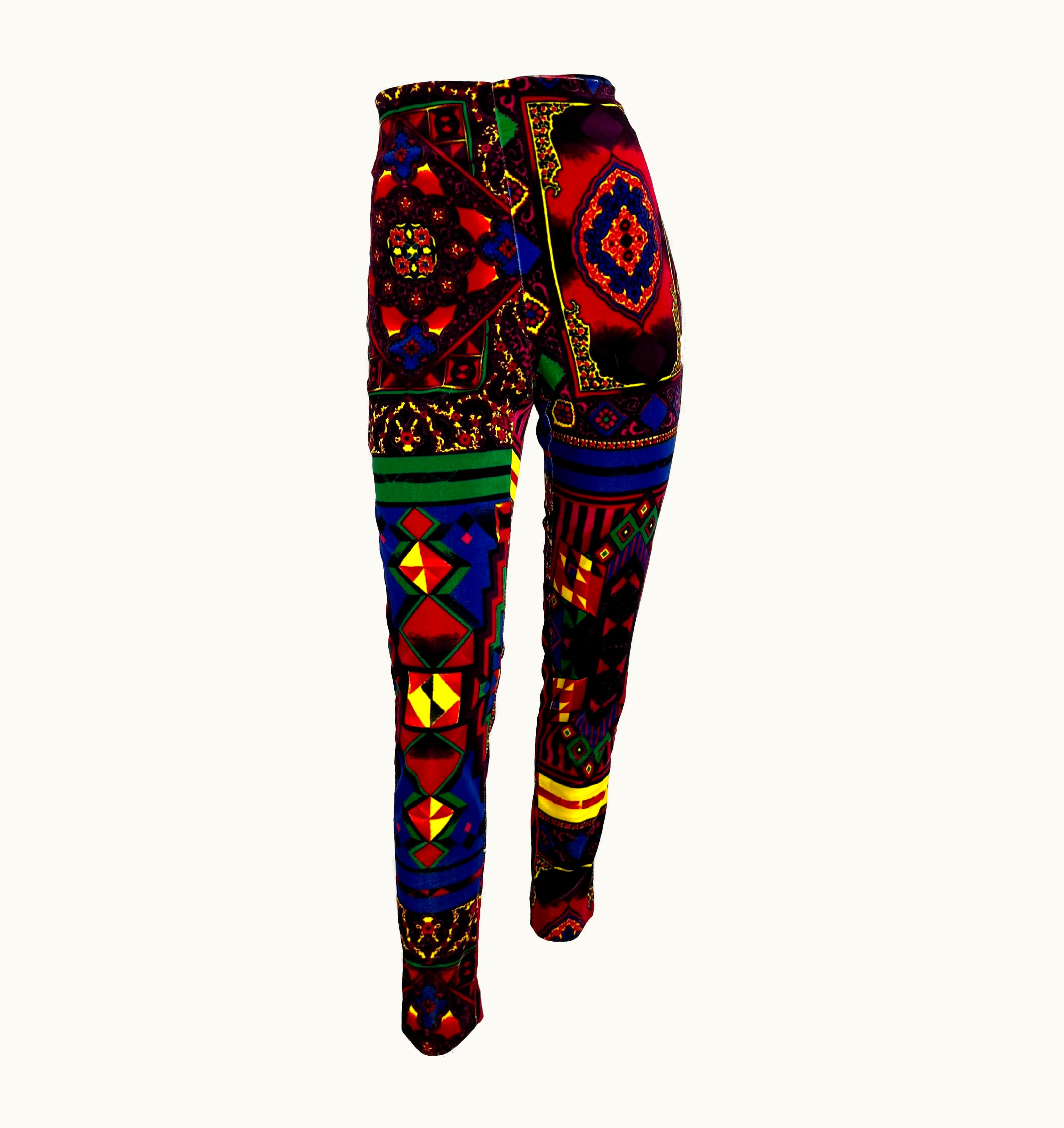 Gianni Versace Couture 1991 Gianni Versace Multicolor Print Stretch Velvet Pants