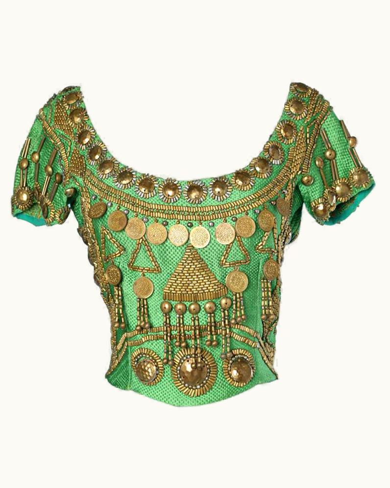Gianni Versace Couture Woven Green Silk Top Embroidered With Pearls And Gold Pieces Gianni Versace