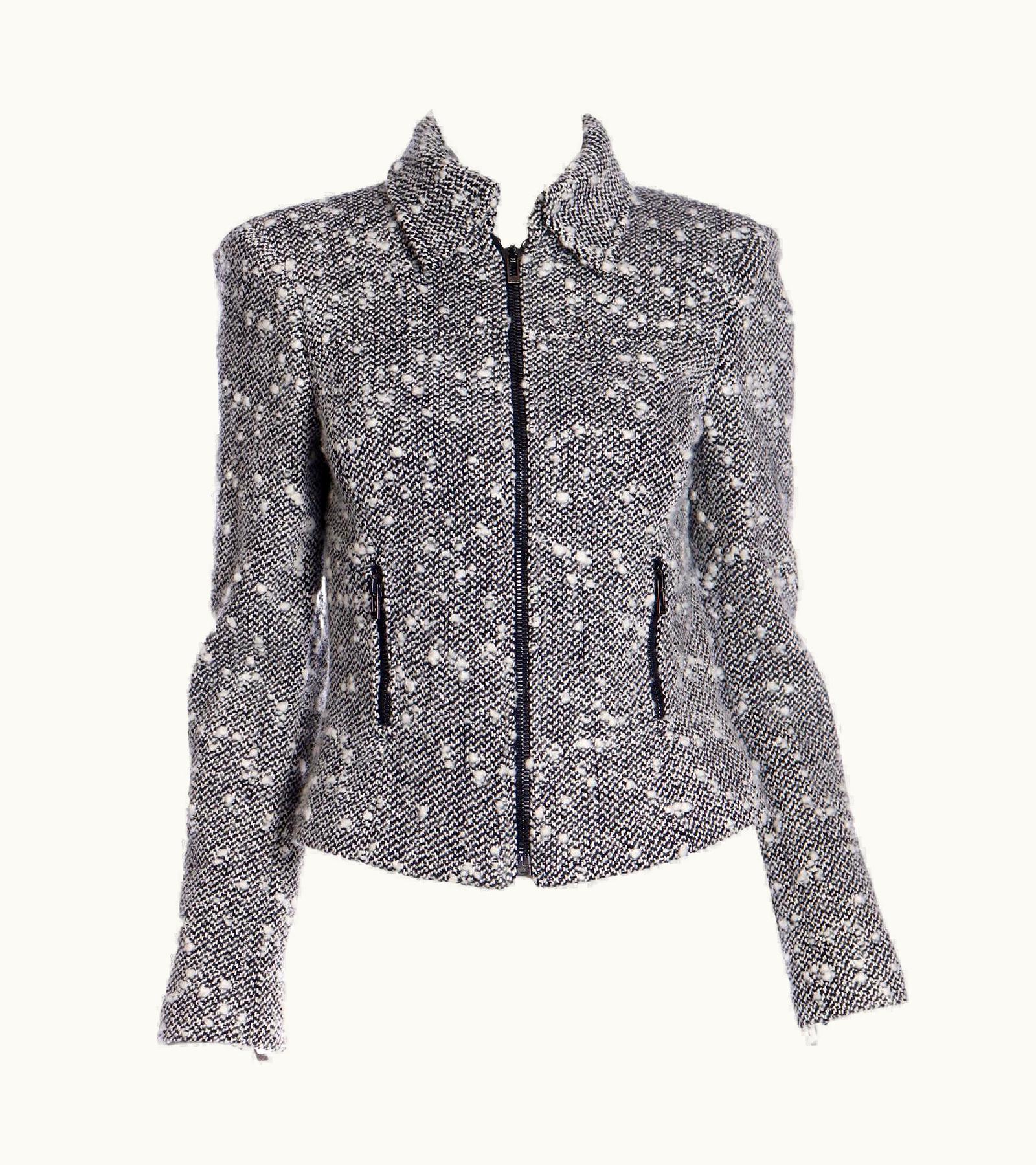 Versace 2000s Versace Textured Black & White Boucle Zip Front Jacket