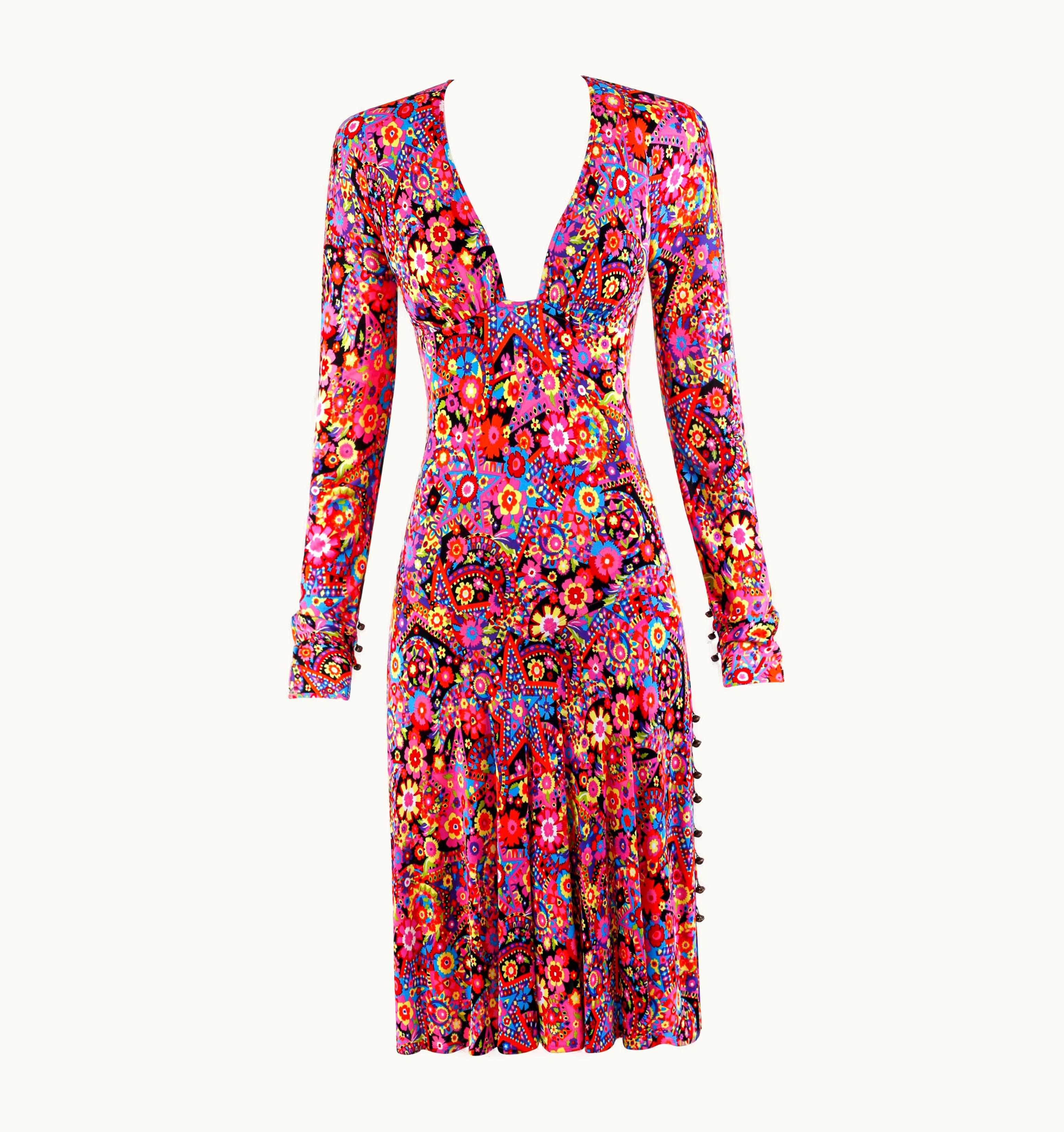 Gianni Versace Couture Gianni Versace AW 2002 Star Flower Collage Print Plunge Neck Fit & Flare Dress