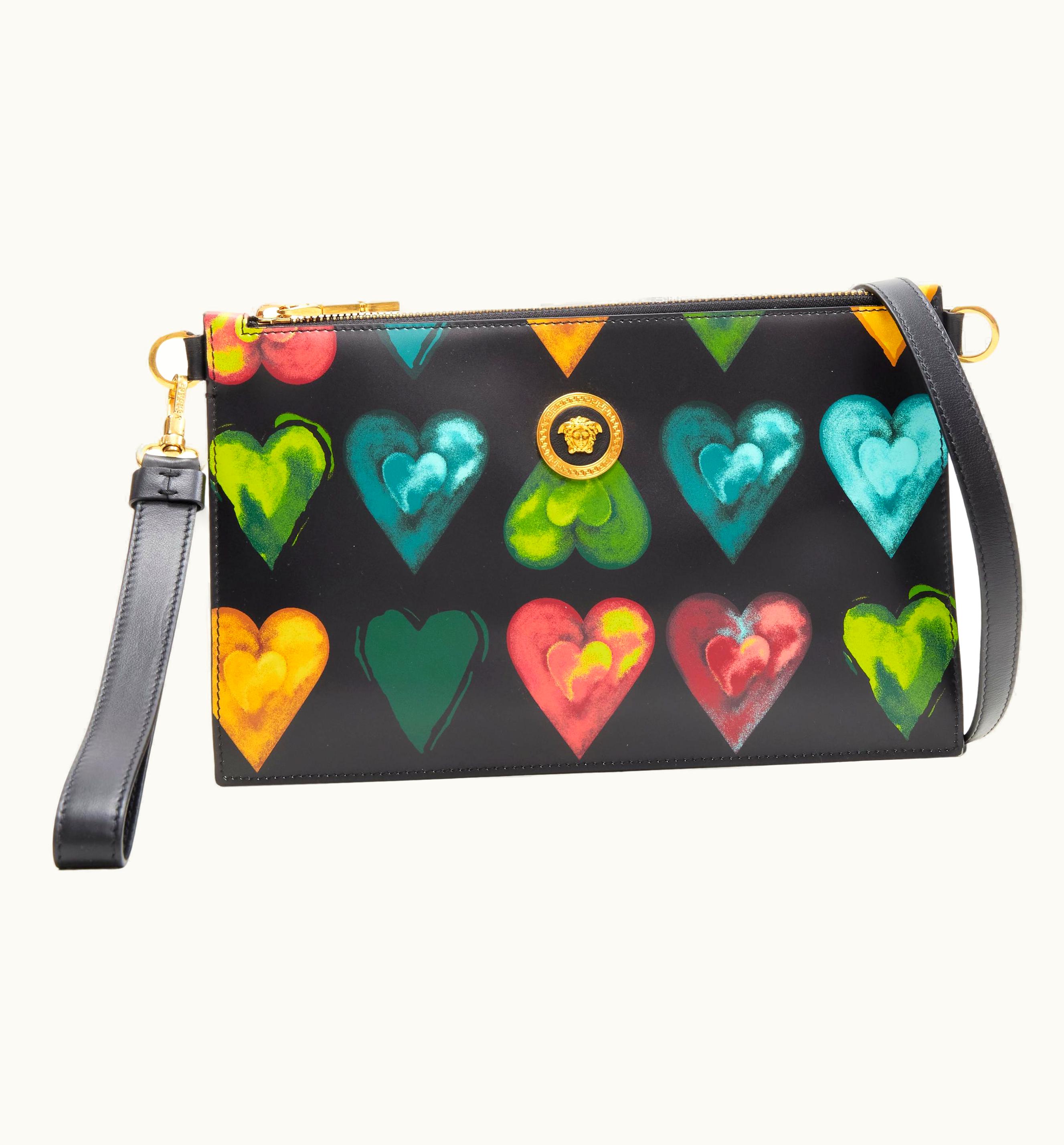Versace Versace Jim Dine Heart Print Blac Kleather Medusa Zip Clutch Crossbody Bag