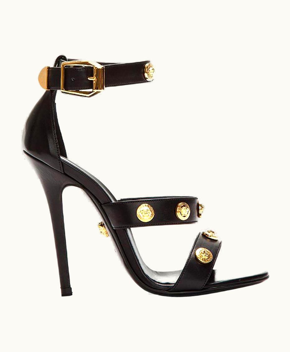 Versace Versace Signature Gold Tone Medusa Black Leather High Heel Sandals 37.5 7