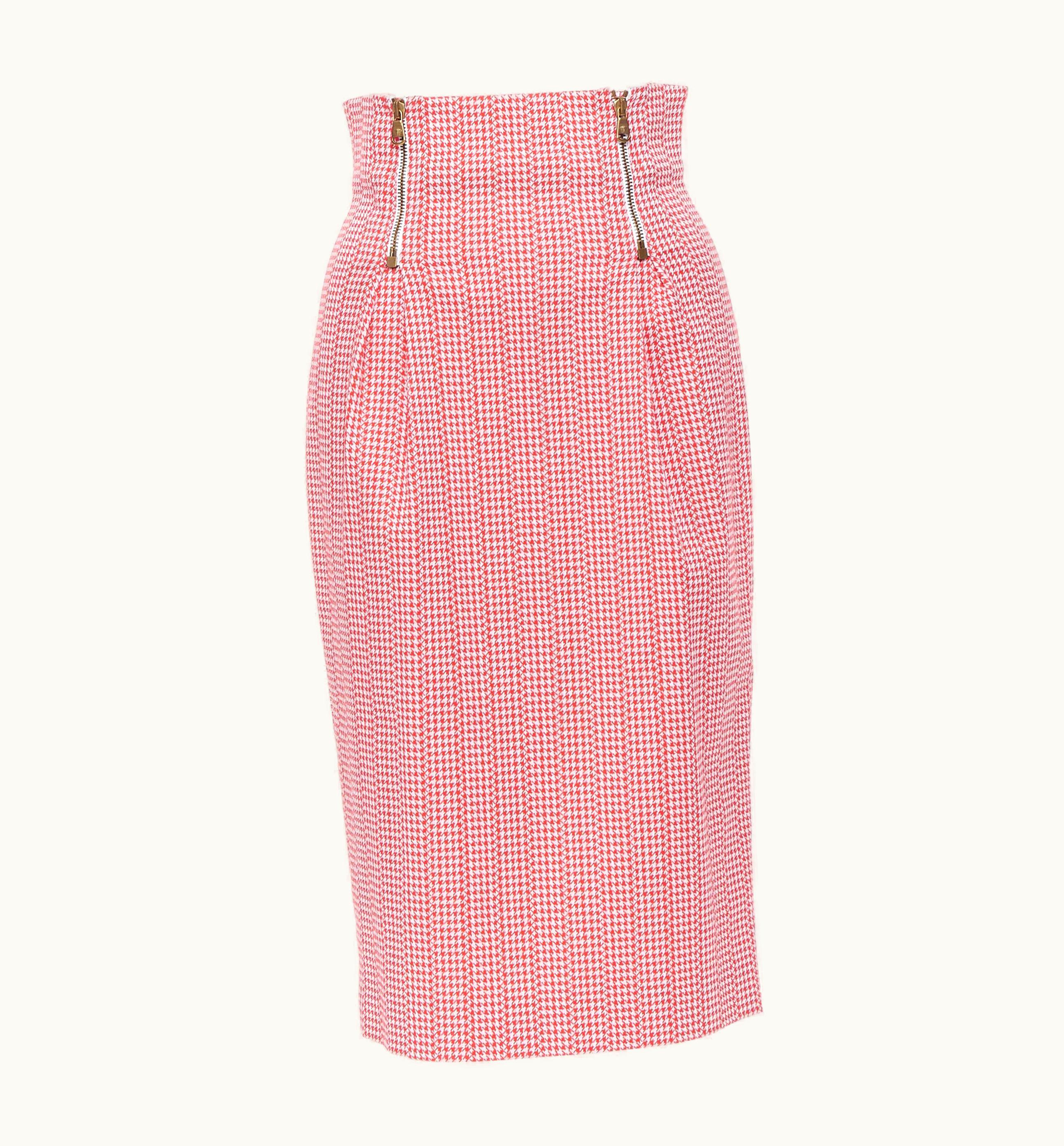 Versace Runway Versace Red Houndstooth Cotton Blend Medusa Zip High Waisted Skirt