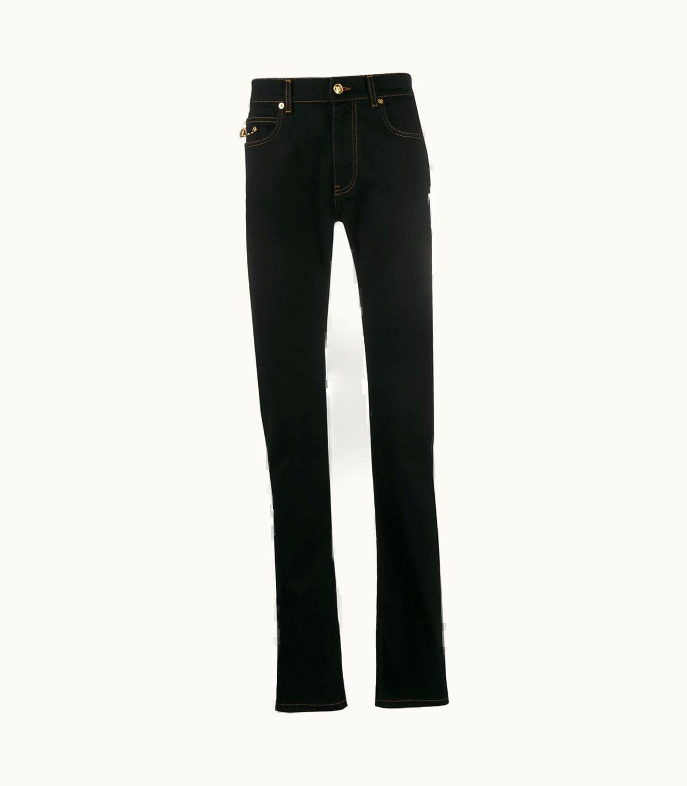 Versace Versace Mens AW19 Black Denim Jeans With Gold-Tone Safety Pin