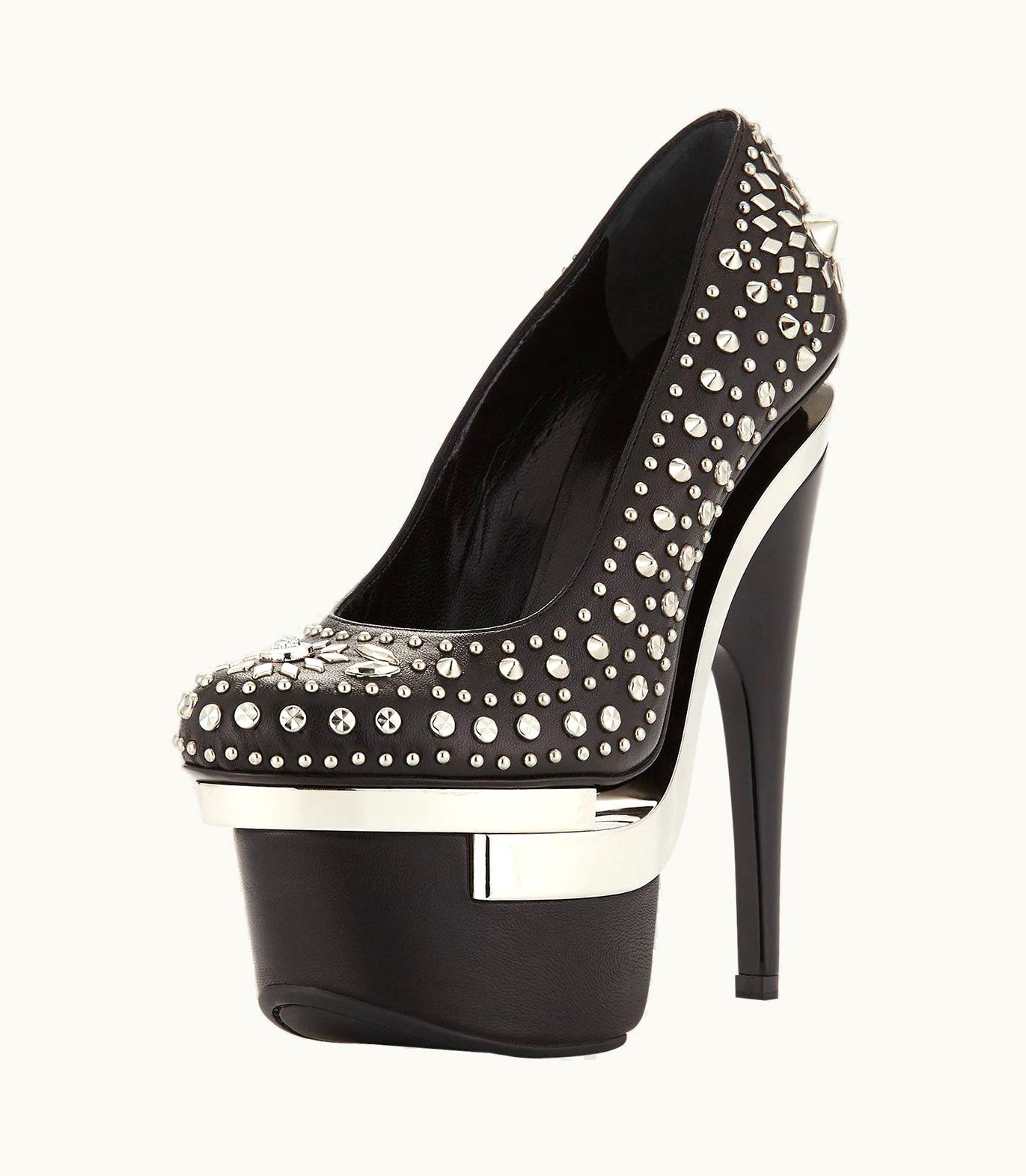 Versace $2650 Versace Triple Platform Silver Black Leather Studded Shoes Pumps