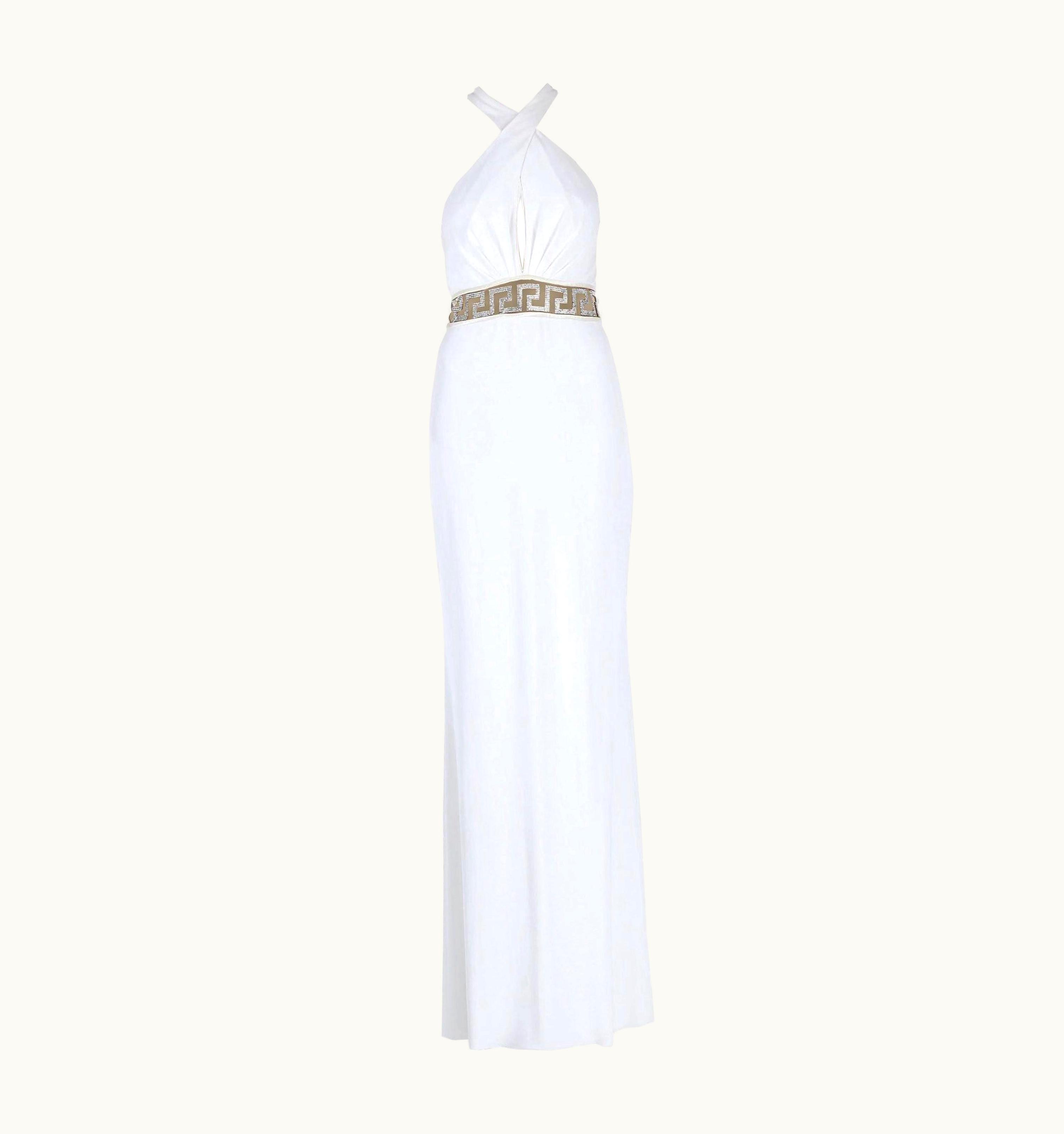 Versace $6950 Versace Swarovski Crystals Greek Key White Jersey Dress Gown It