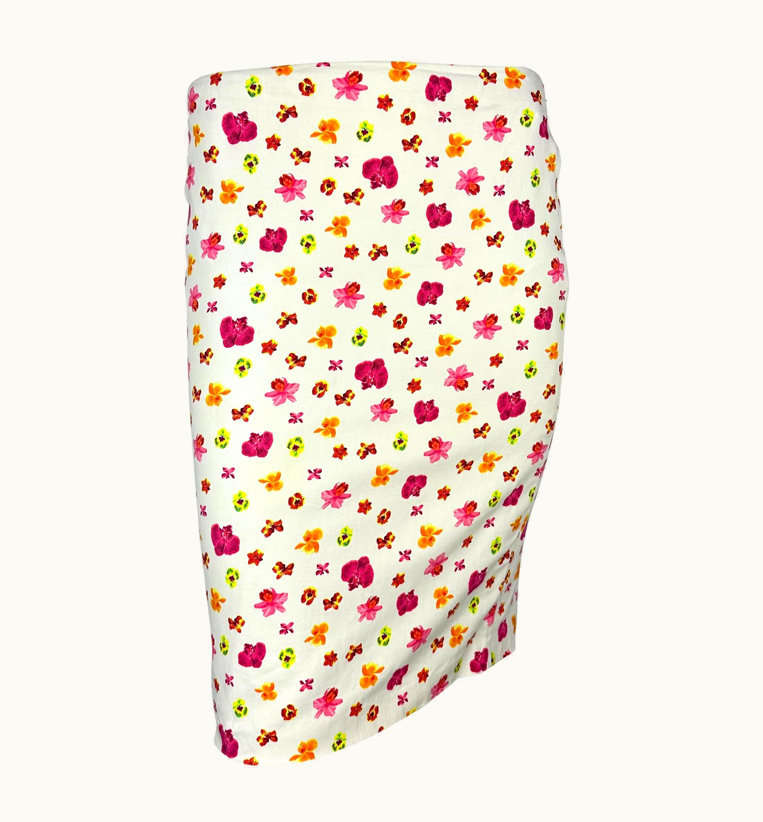 Versace S/S 2004 Versace By Donatella White Neon Floral Bodycon Pencil Skirt