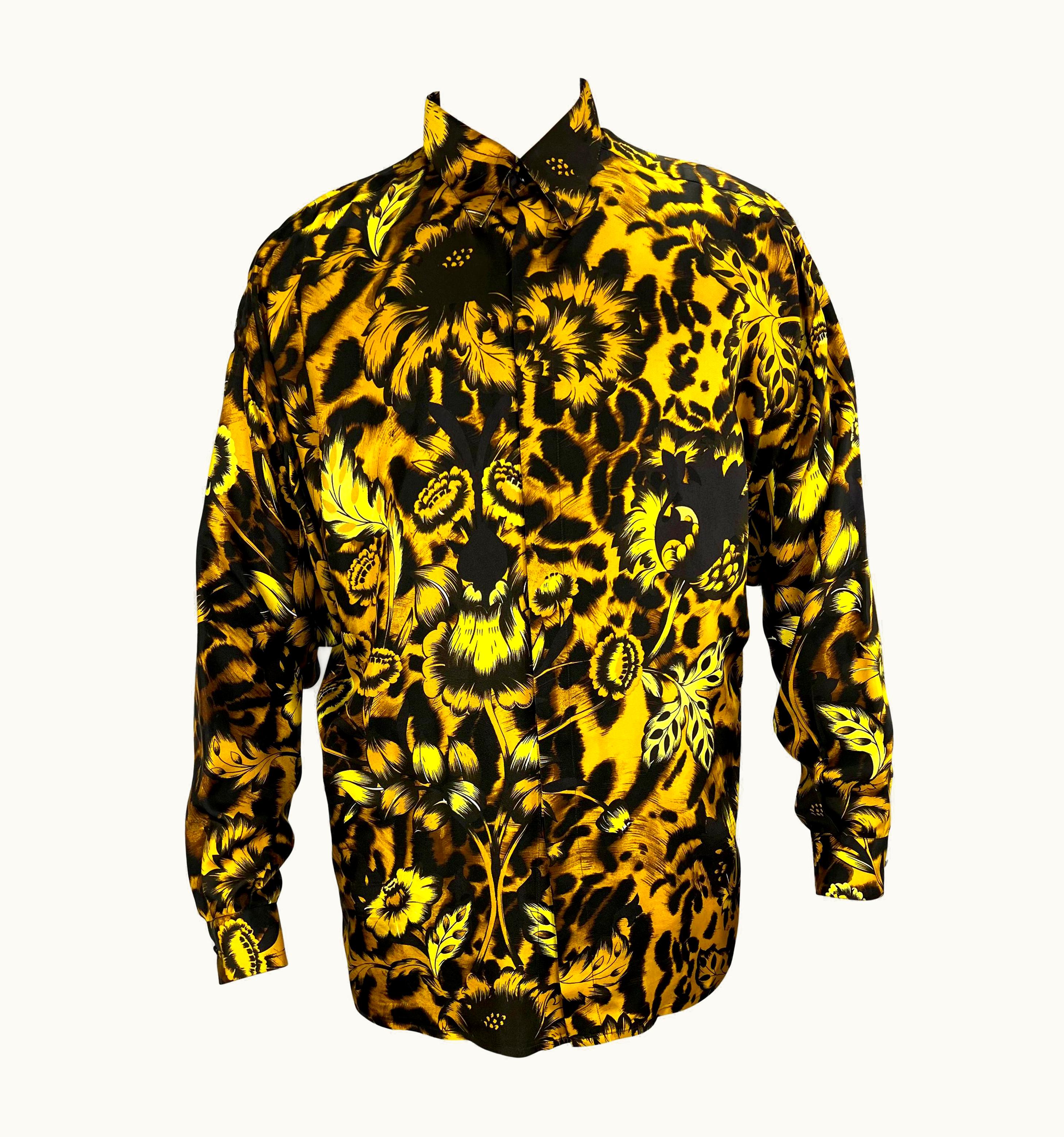 Gianni Versace Couture 1993 Gianni Versace Gold Animal Print Floral Silk Men' Button Up