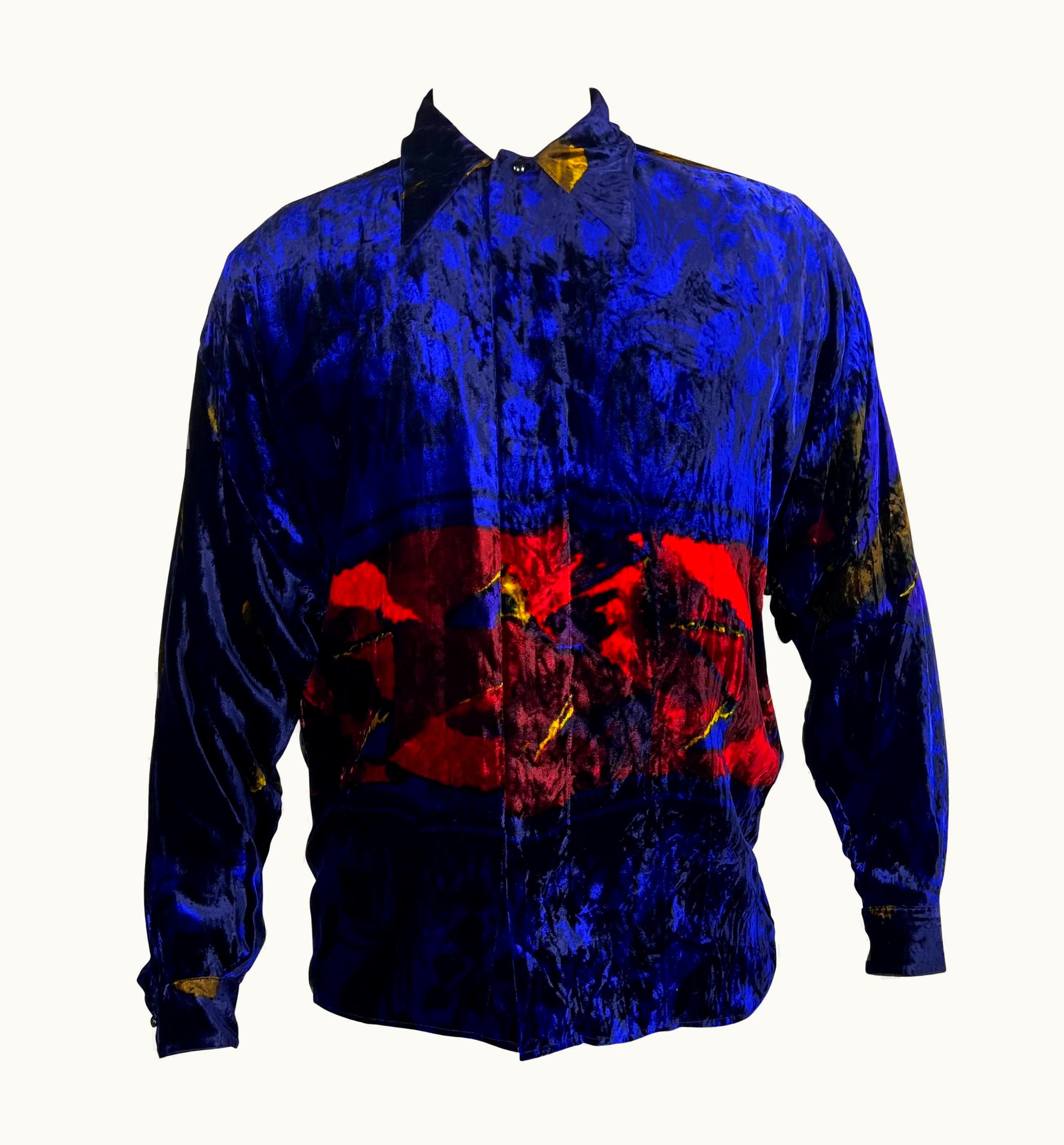 Gianni Versace Couture Early 1990s Gianni Versace Men' Dark Blue Velvet Abstract Print Button Down