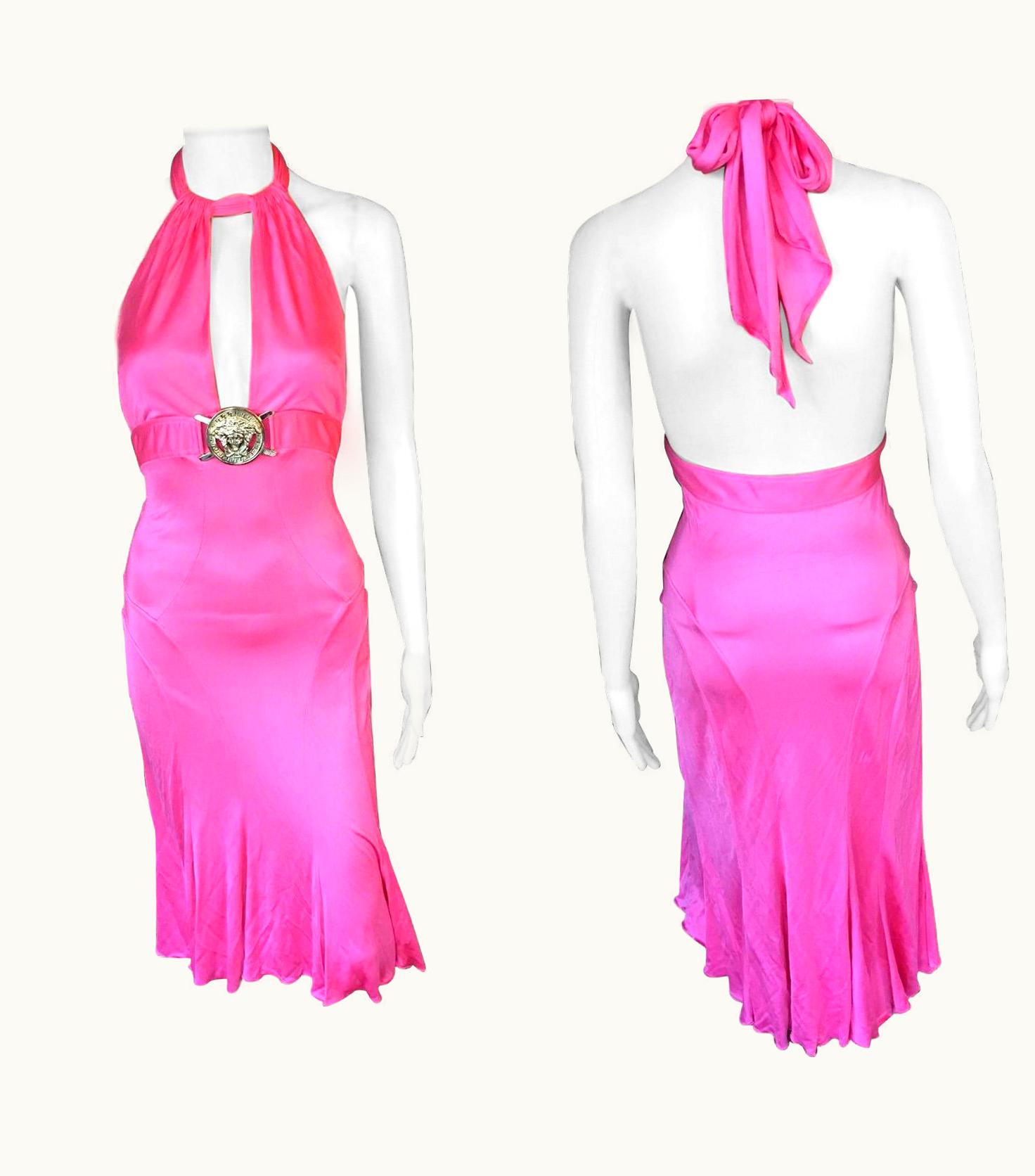 Versace Versace S/S 2005 Runway Halter Plunging Neckline Medusa Logo Dress