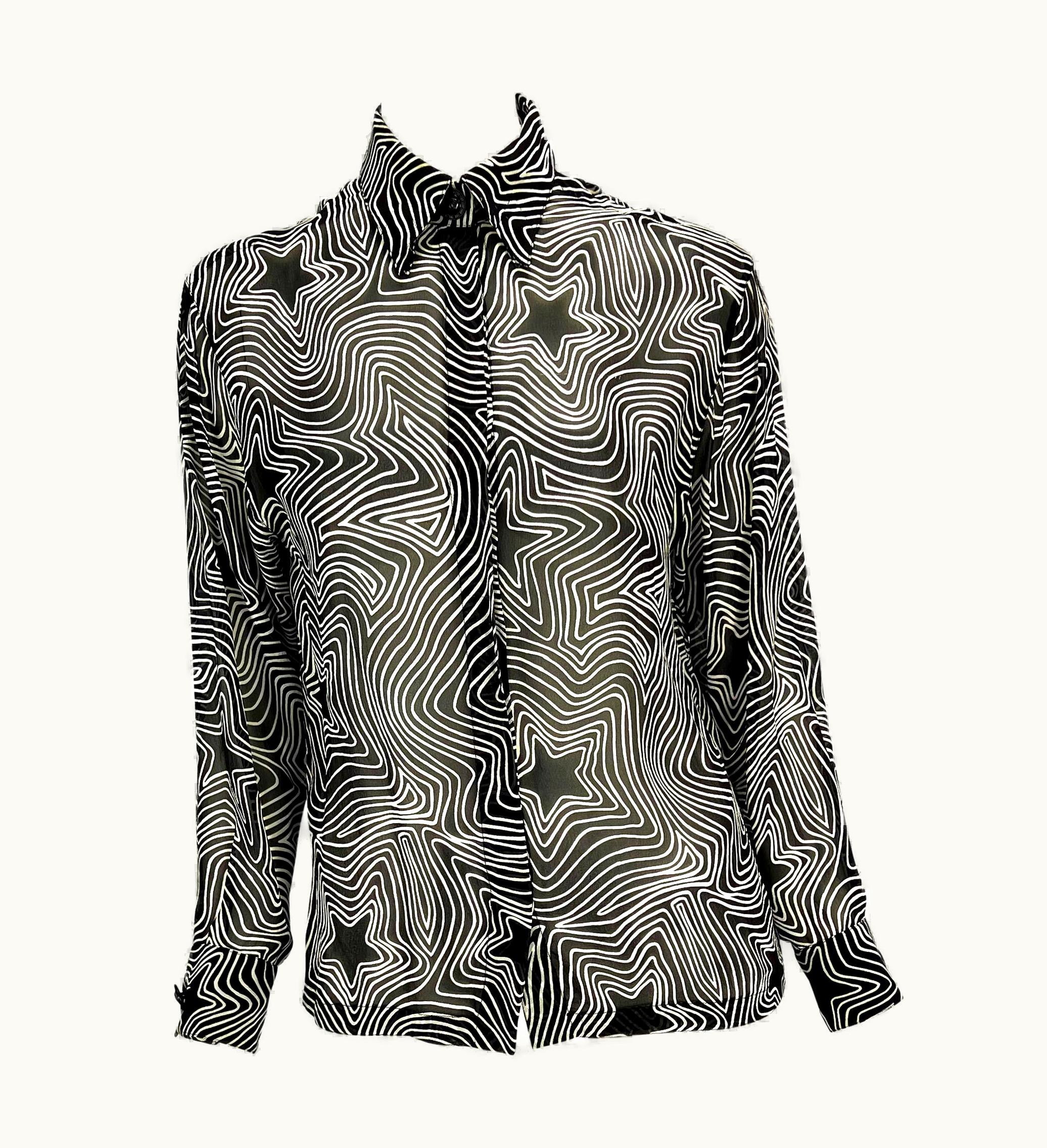 Gianni Versace Couture S/S 1996 Gianni Versace Couture Black & White Sheer Silk Star Print Button Top
