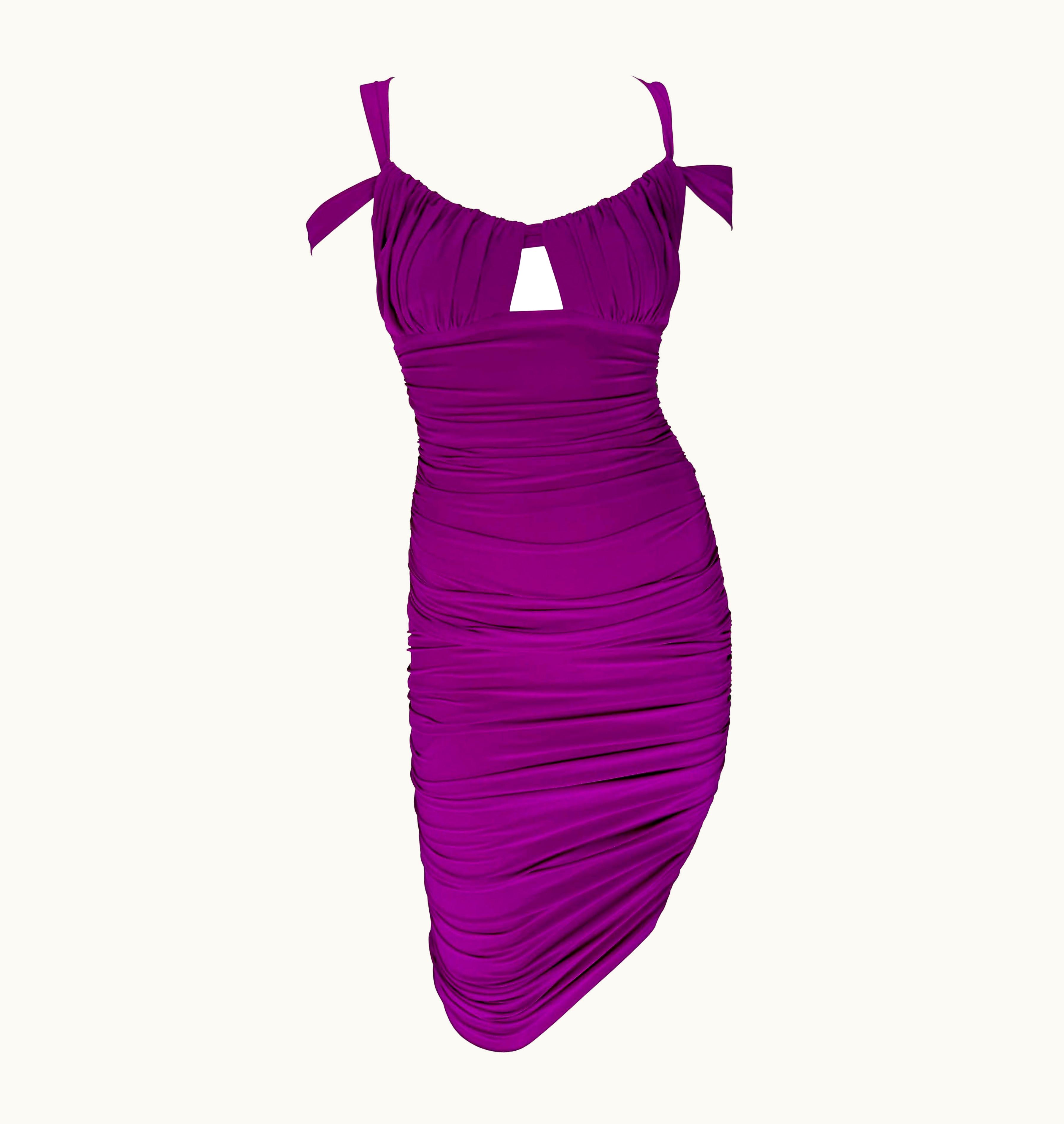 Versace AW 2005 Versace By Donatella Fuchsia Ruched Stretch Bodycon Strap Dress