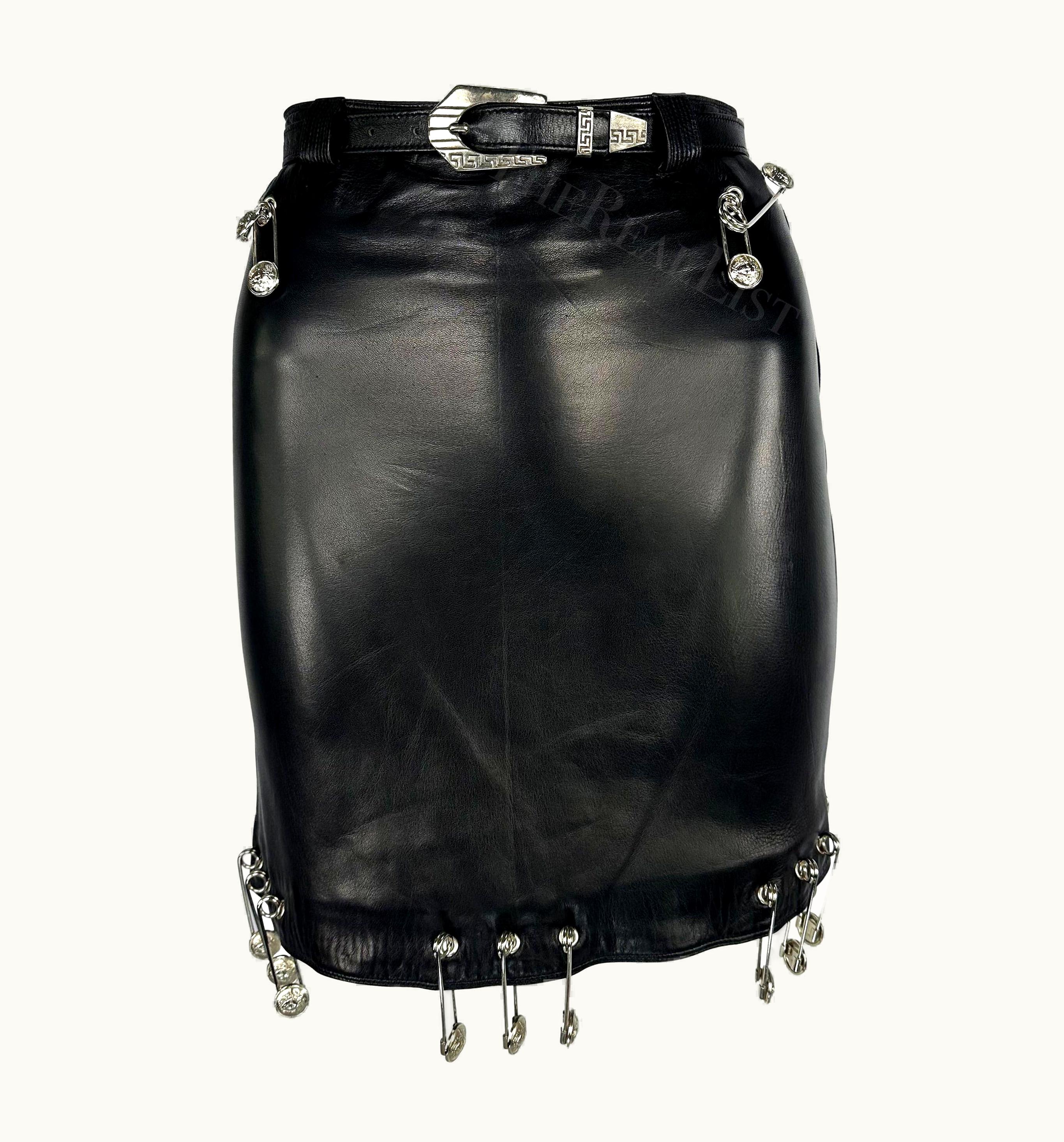 Gianni Versace Couture S/S 1994 Gianni Versace Safety Pin Medusa Pierced Black Leather Belted Skirt