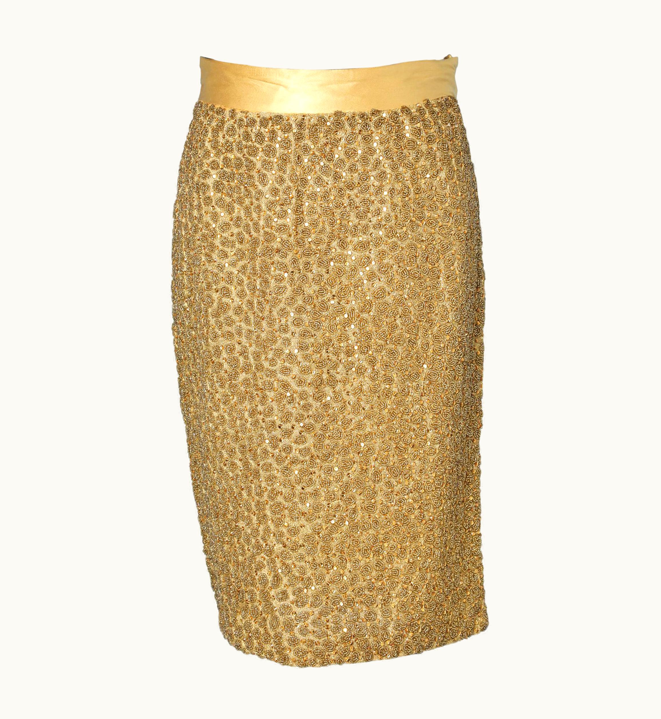 Gianni Versace Couture Gold Embroidered Pencil Skirt And Yellow Gold Satin Belt Gianni Versace