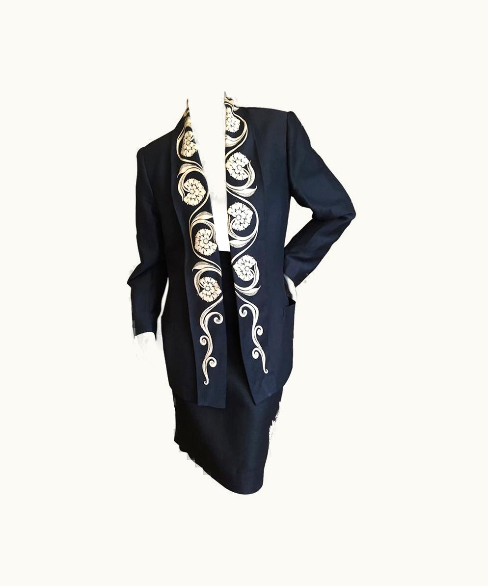 Gianni Versace Couture Gianni Versace 1987 Black Linen S/S Silk Skirt Suit