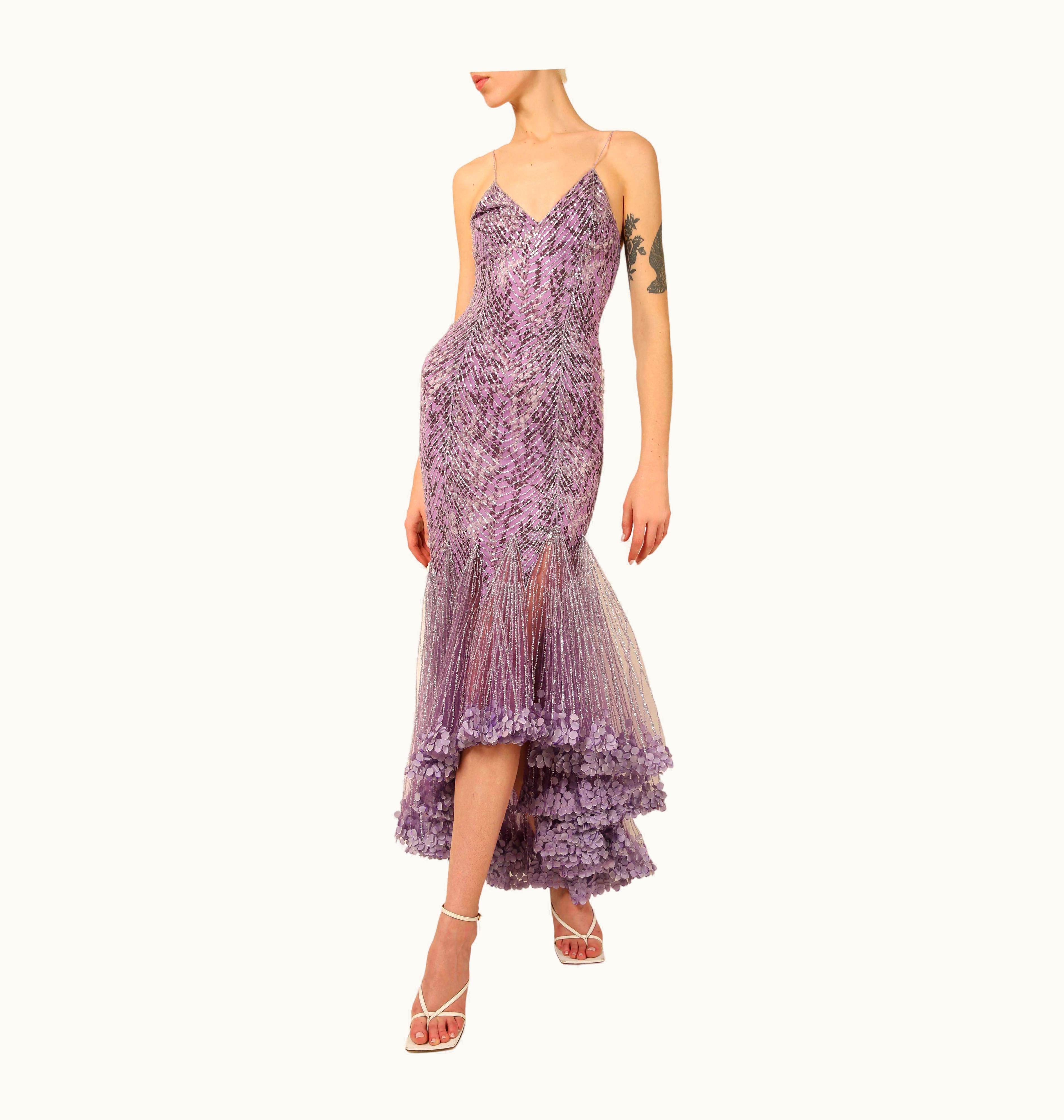 Versace Atelier Versace Couture AW01 Purple Black Silver Sequin Low Cut Silk Dress Gown