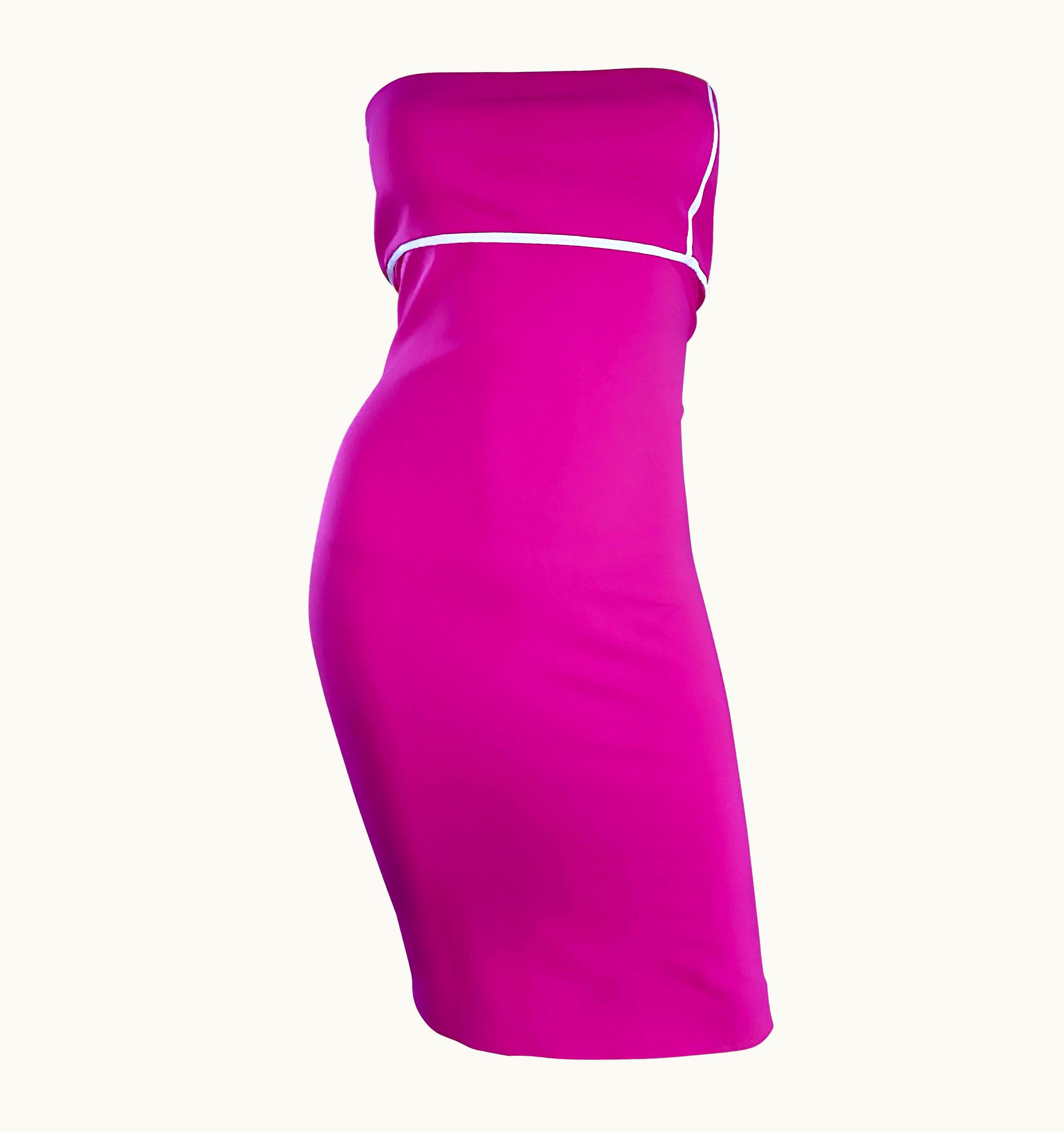 Gianni Versace Couture Sexy Vintage Gianni Versace Versus Hot Pink Fuchsia 90s Strapless Bodycon Dress