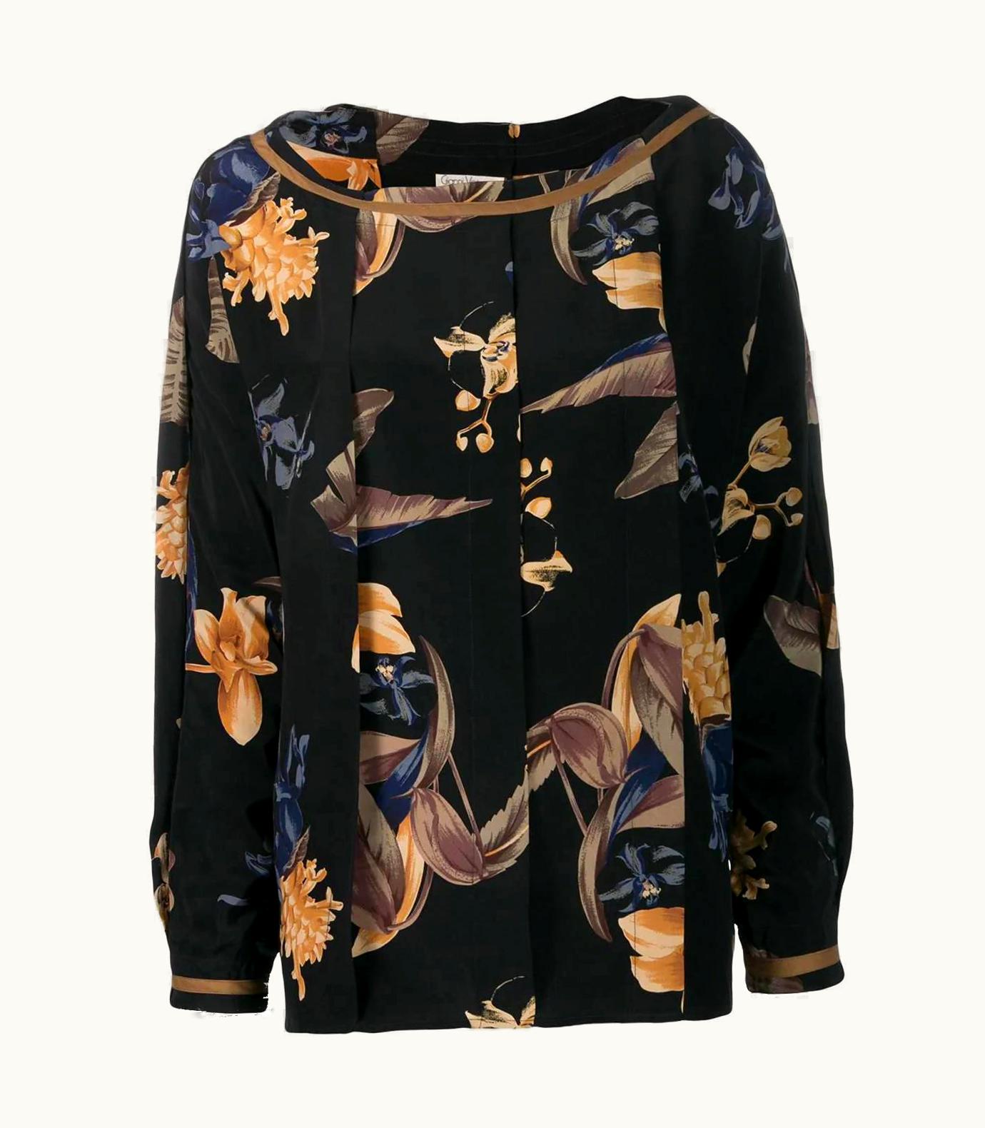 Versace 1980s Versace Black Silk Loose-fit Blouse With Floral Print All Over