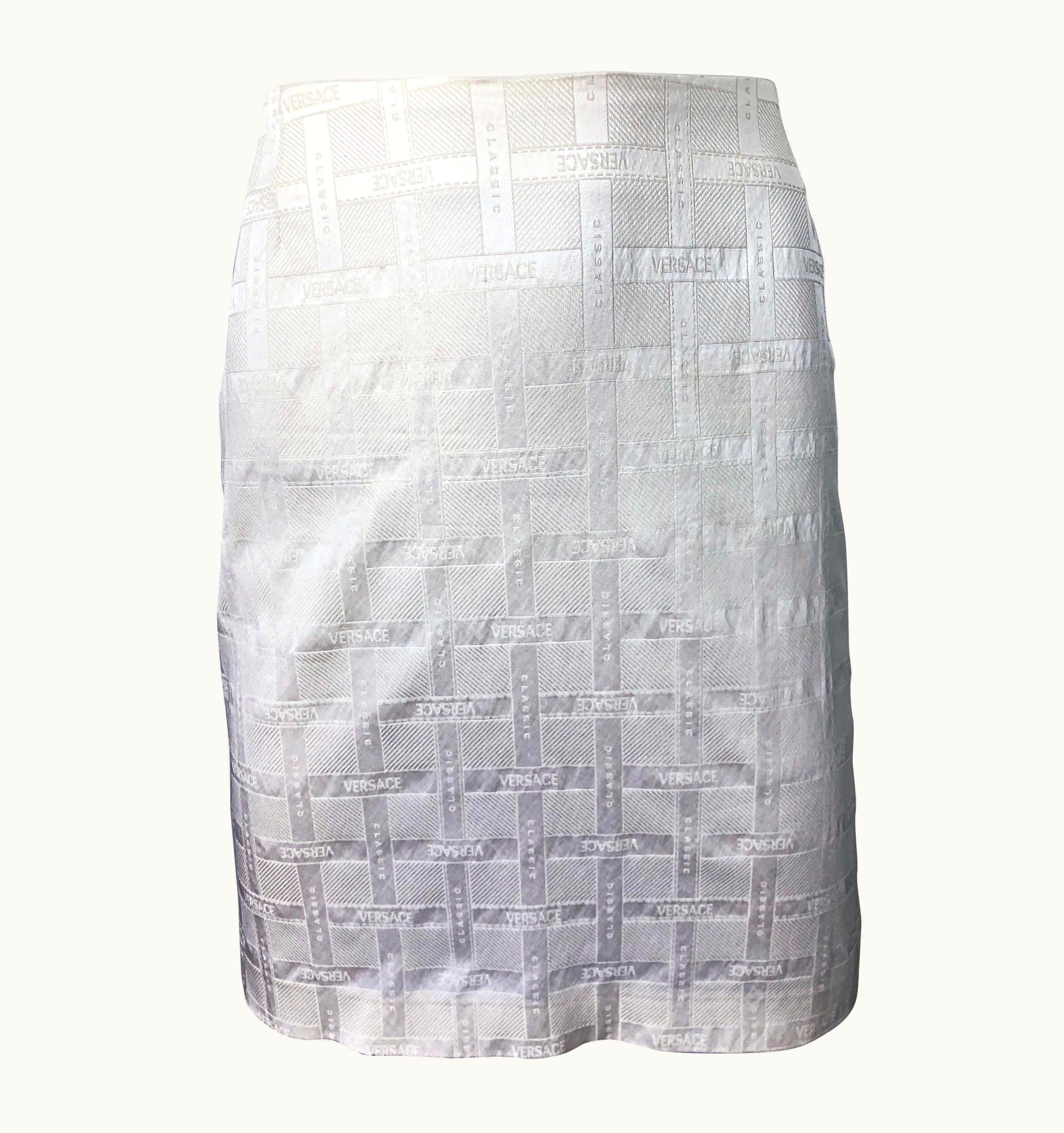 Gianni Versace Couture 1990s Gianni Versace Logo Print White High Waist Silky Vintage 90s Mini Skirt