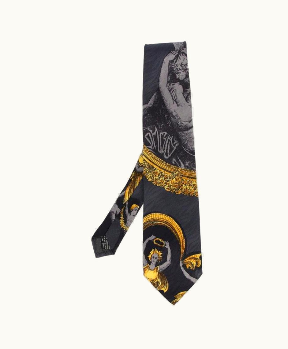 Gianni Versace Couture 90s Gianni Versace Vintage Dark Gray Silk Tie With Iconic Yellow Print