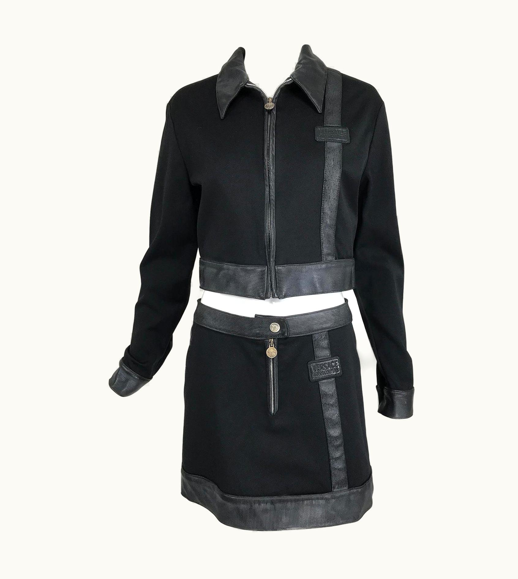 Versace Versace Jeans Couture Black Vinyl & Stretch Fabric Jacket & Skirt 1990s