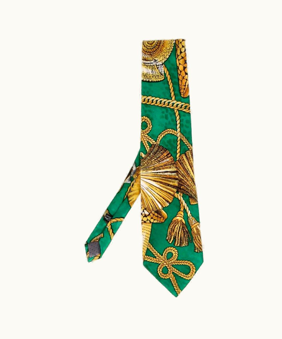 Gianni Versace Couture 90s Gianni Versace Vintage Green Silk Tie With Yellow And Black Baroque Print