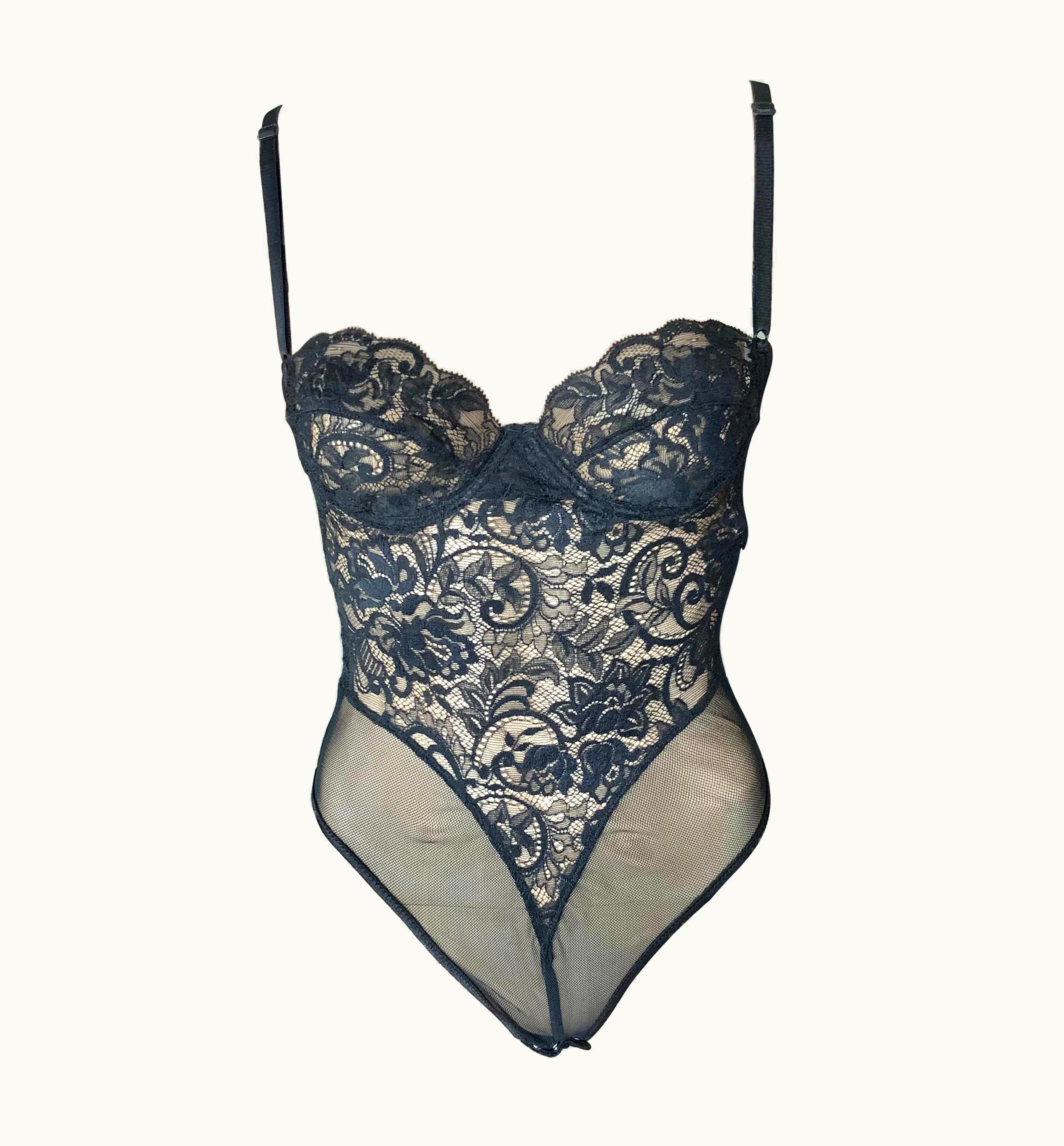 Gianni Versace Couture Gianni Versace Vintage C. 1990 Sheer Lace Mesh Black Bodysuit Top