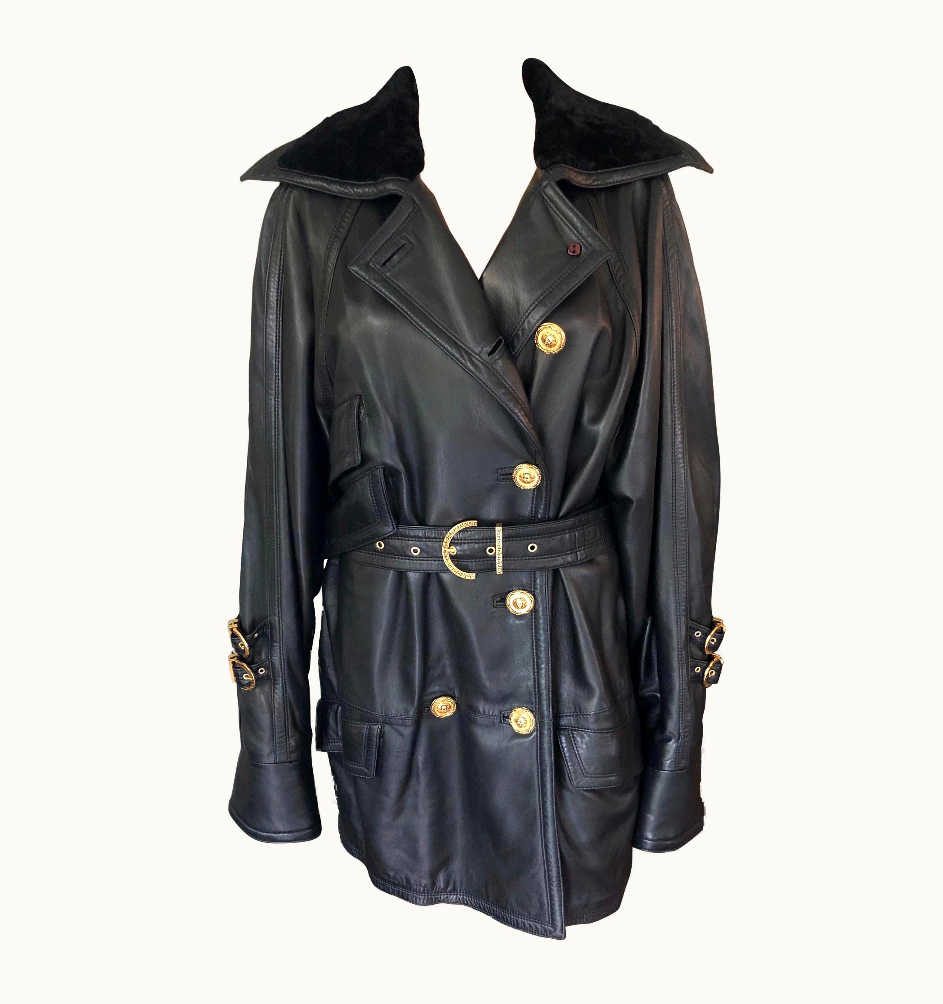 Gianni Versace Couture Gianni Versace C. 1990 Bondage Leather Belted Knee-Length Black Jacket Coat