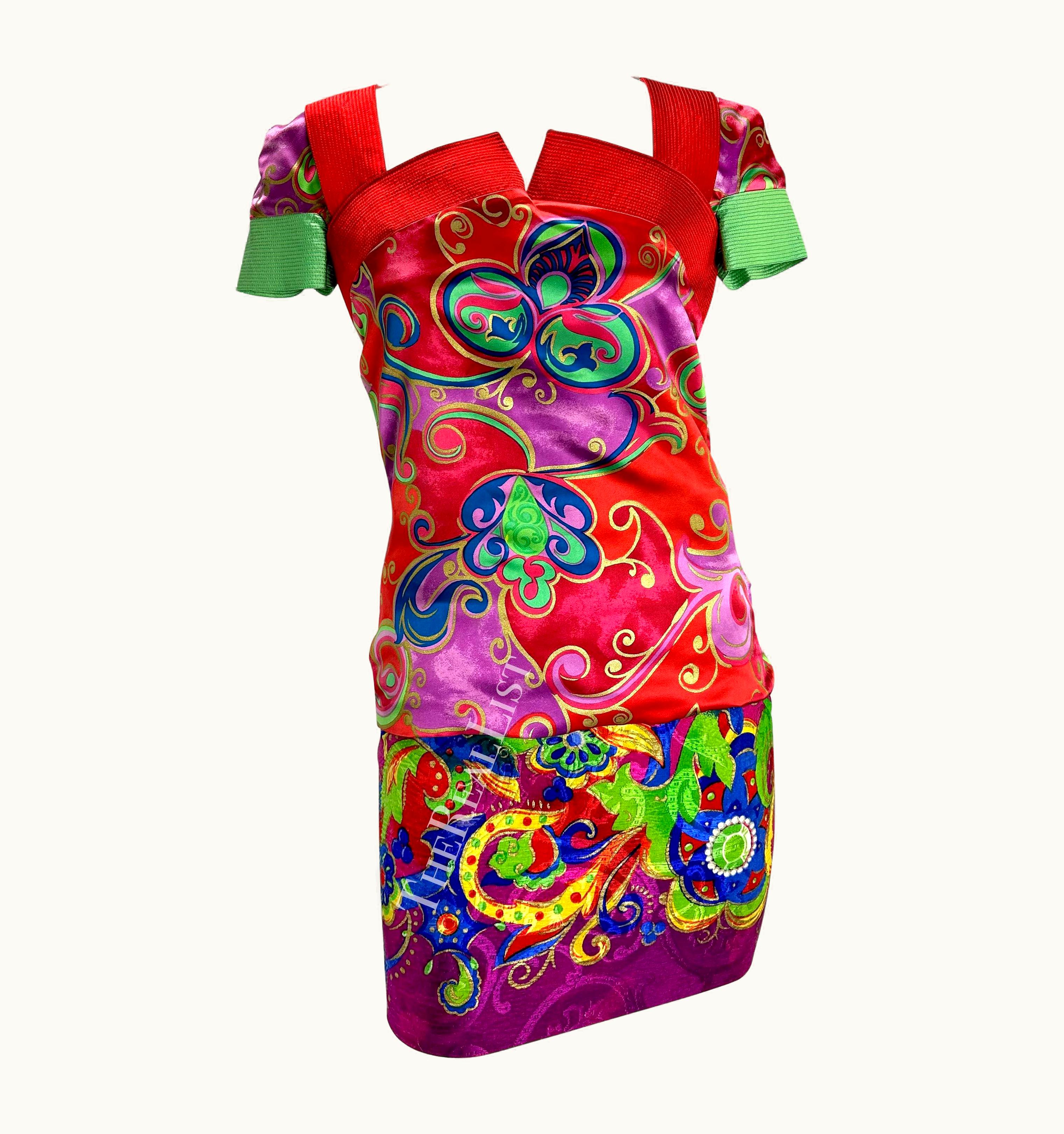 Versace AW 1990 Atelier Versace Haute Couture Red Silk Baroque Print Skirt Set