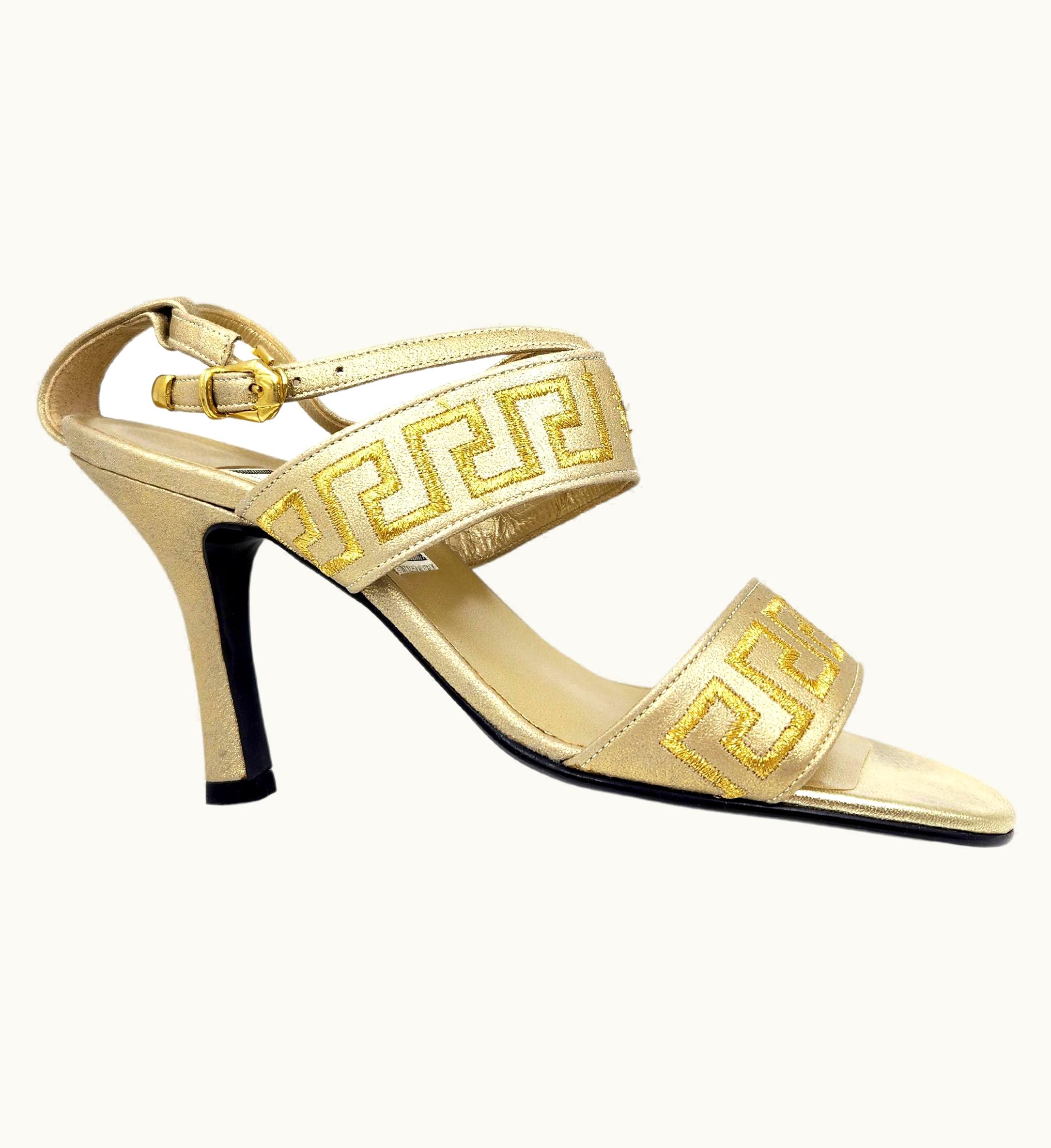 Gianni Versace Couture 1990' Gianni Versace Gold Greca Sandal Heels Women' Shoes Vintage