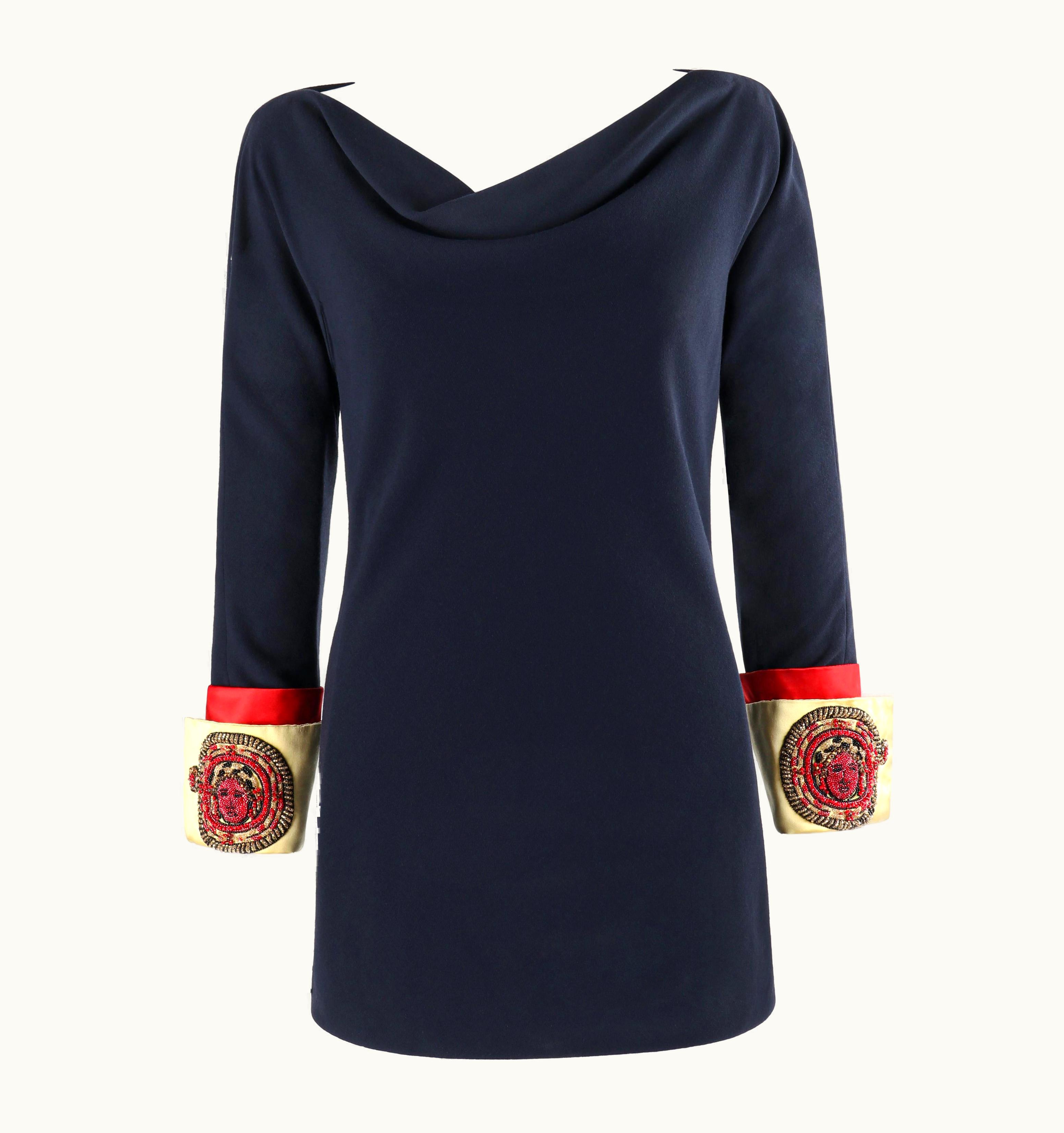 Versace Atelier Versace S/S 1990 Mini Navy Embellished Medusa Cuff Sleeve Tunic Dress