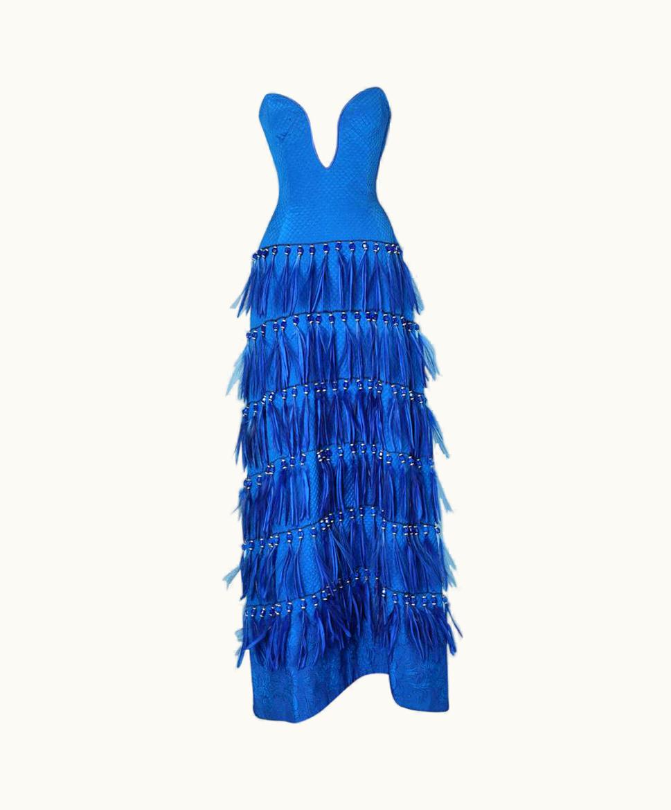 Versace 1990' Strapless Blue Silk Feather And Strass Evening Dress Versace Couture