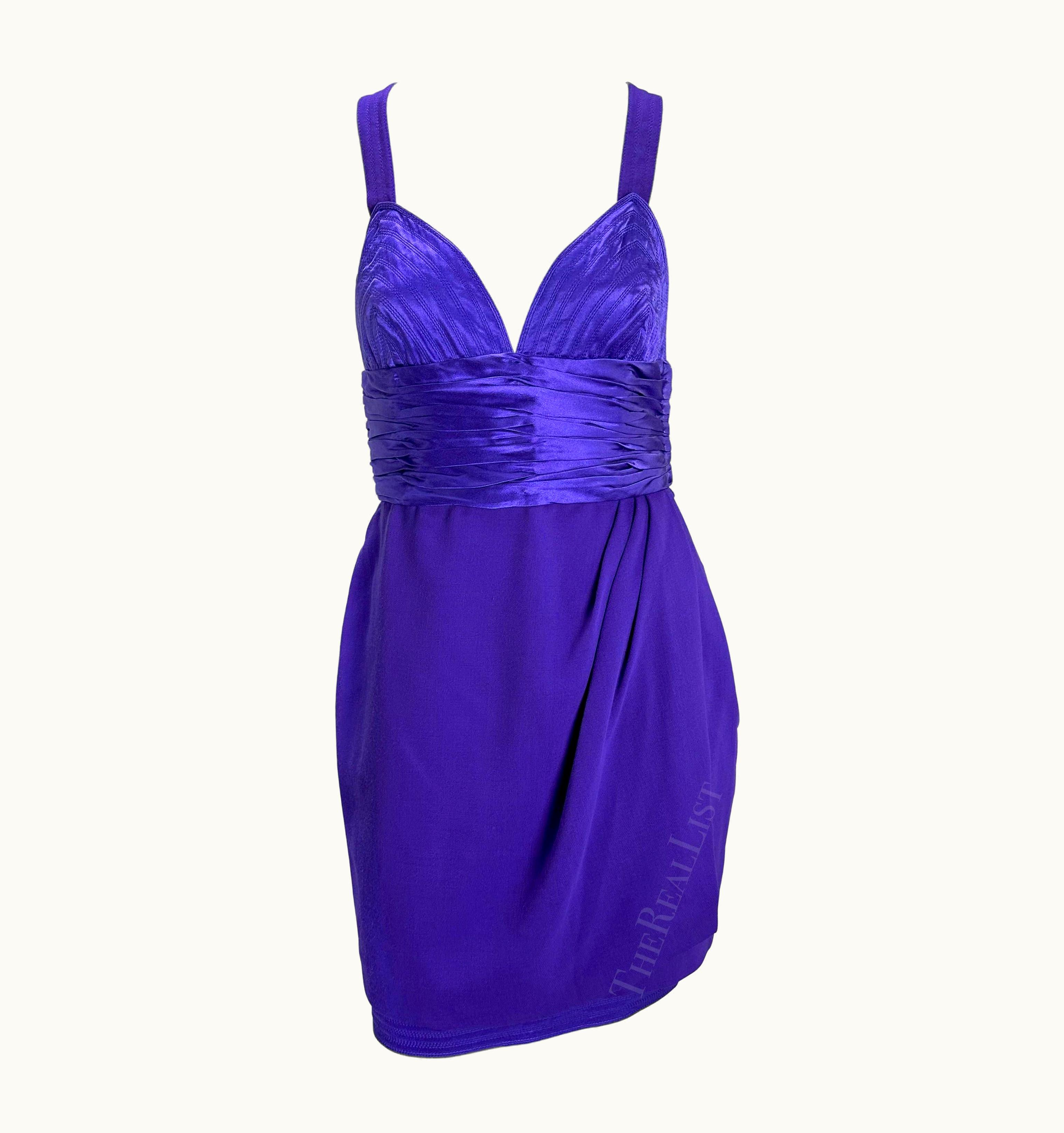 Gianni Versace Couture AW 1990 Gianni Versace Runway Ruched Purple Satin Trim Wrap Mini Dress