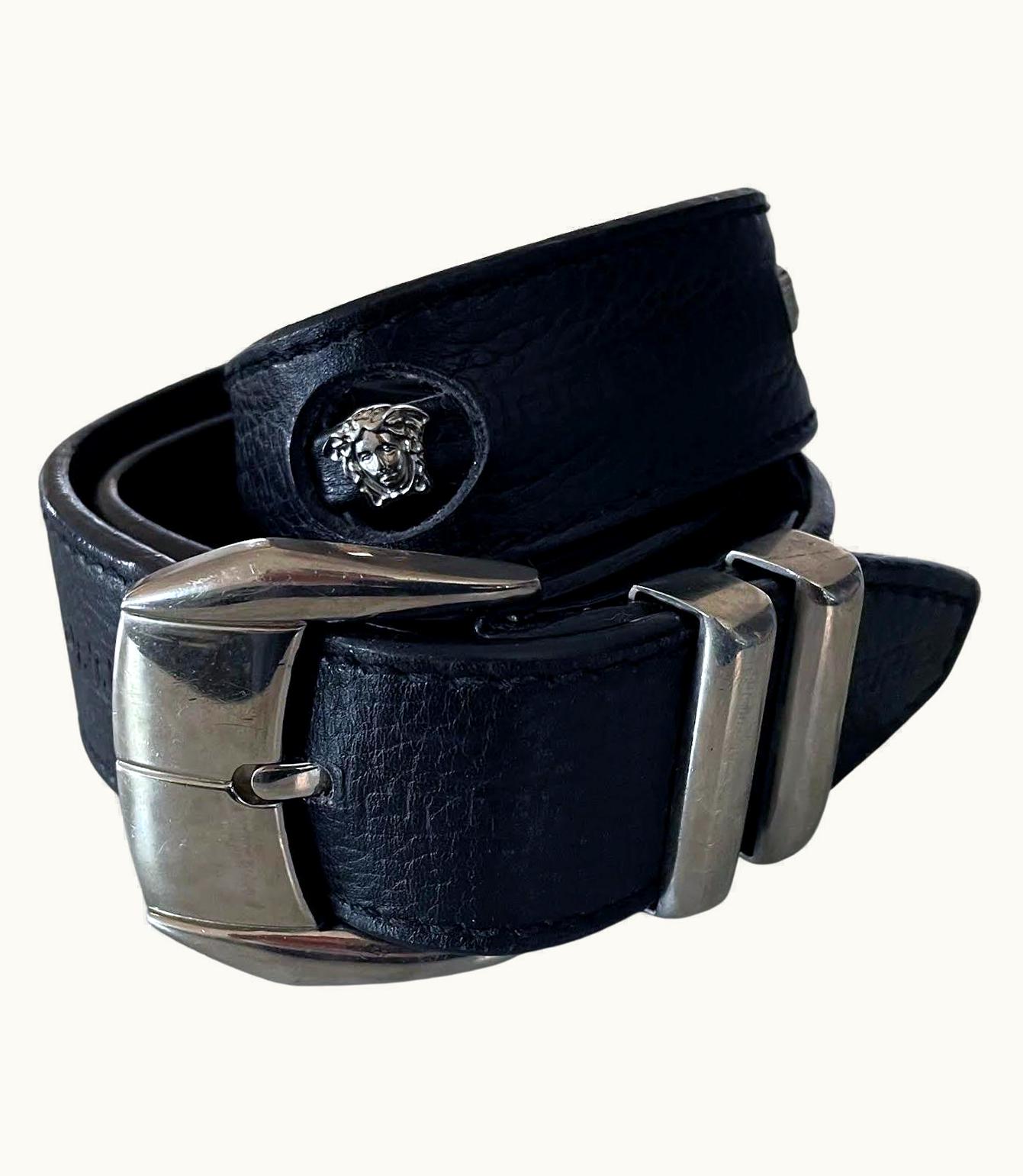 Gianni Versace Couture 1990' Gianni Versace Black Leather Belt With Silver Medusa Heads & Greek Key
