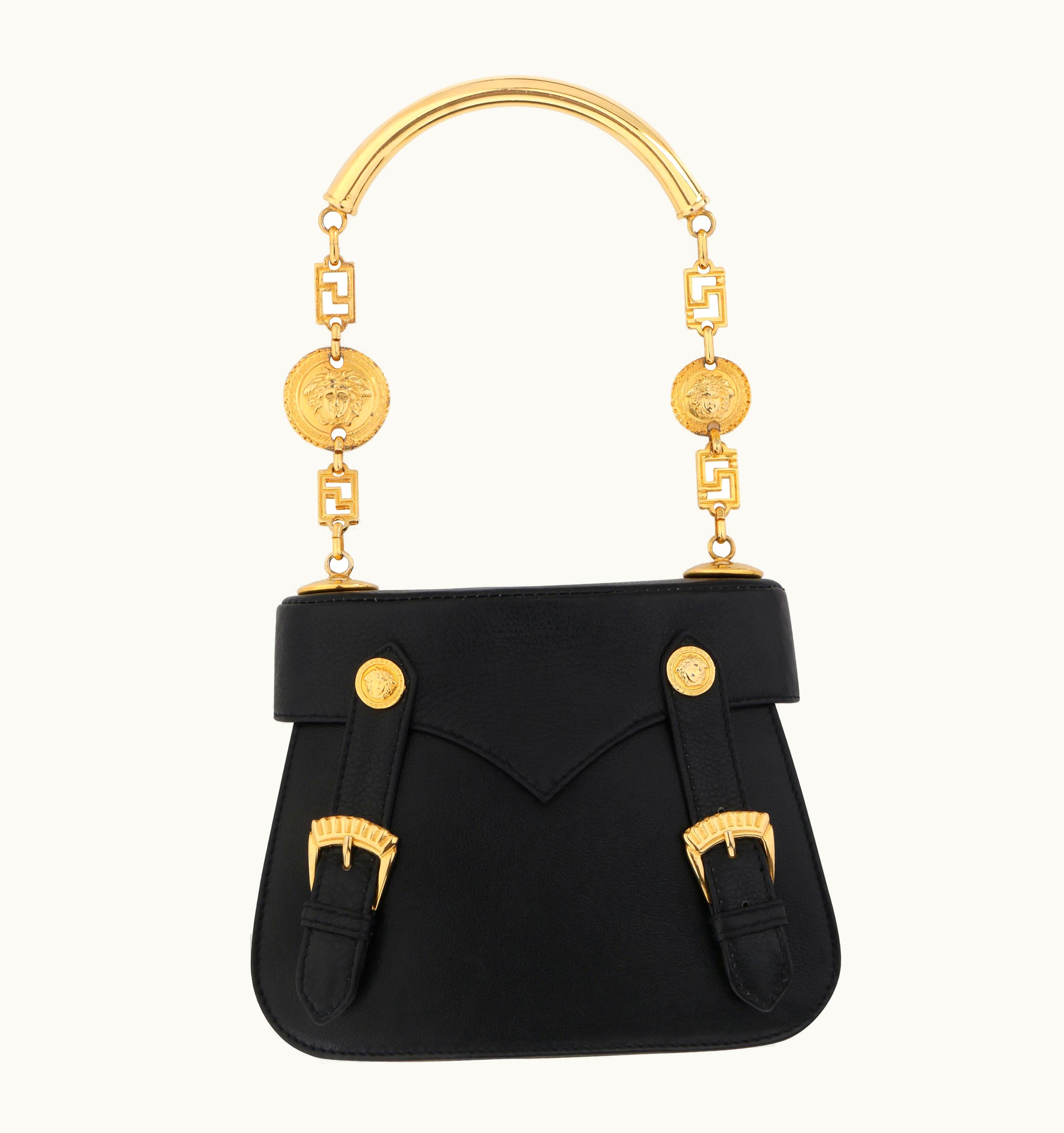 Gianni Versace Couture Gianni Versace C.1990' Black Leather Gold Medusa Mini Buckle Handbag Purse