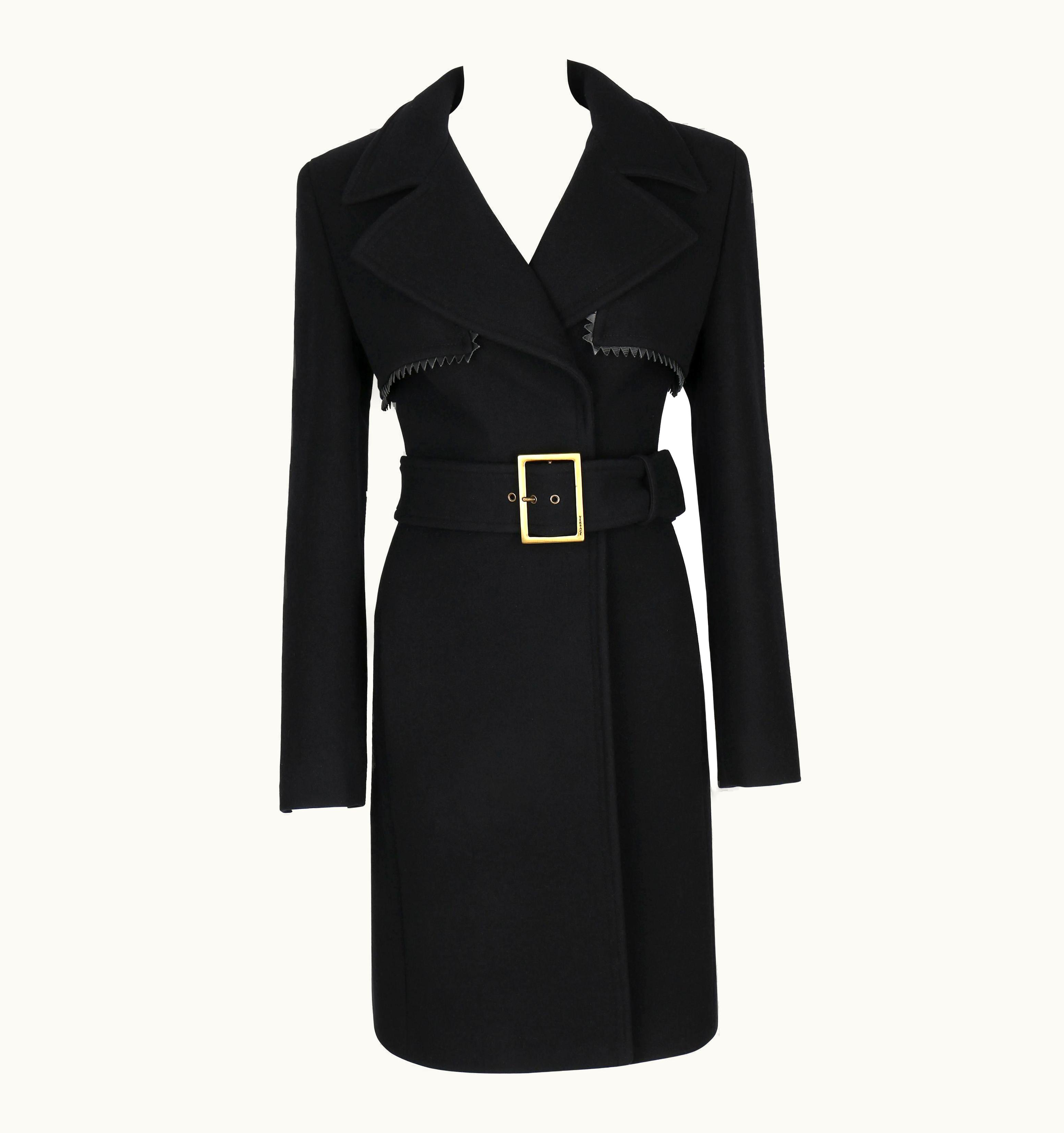 Gianni Versace Couture Gianni Versace C.1990' Couture Black Wool Belted Coat Leather Zig Zag Trim