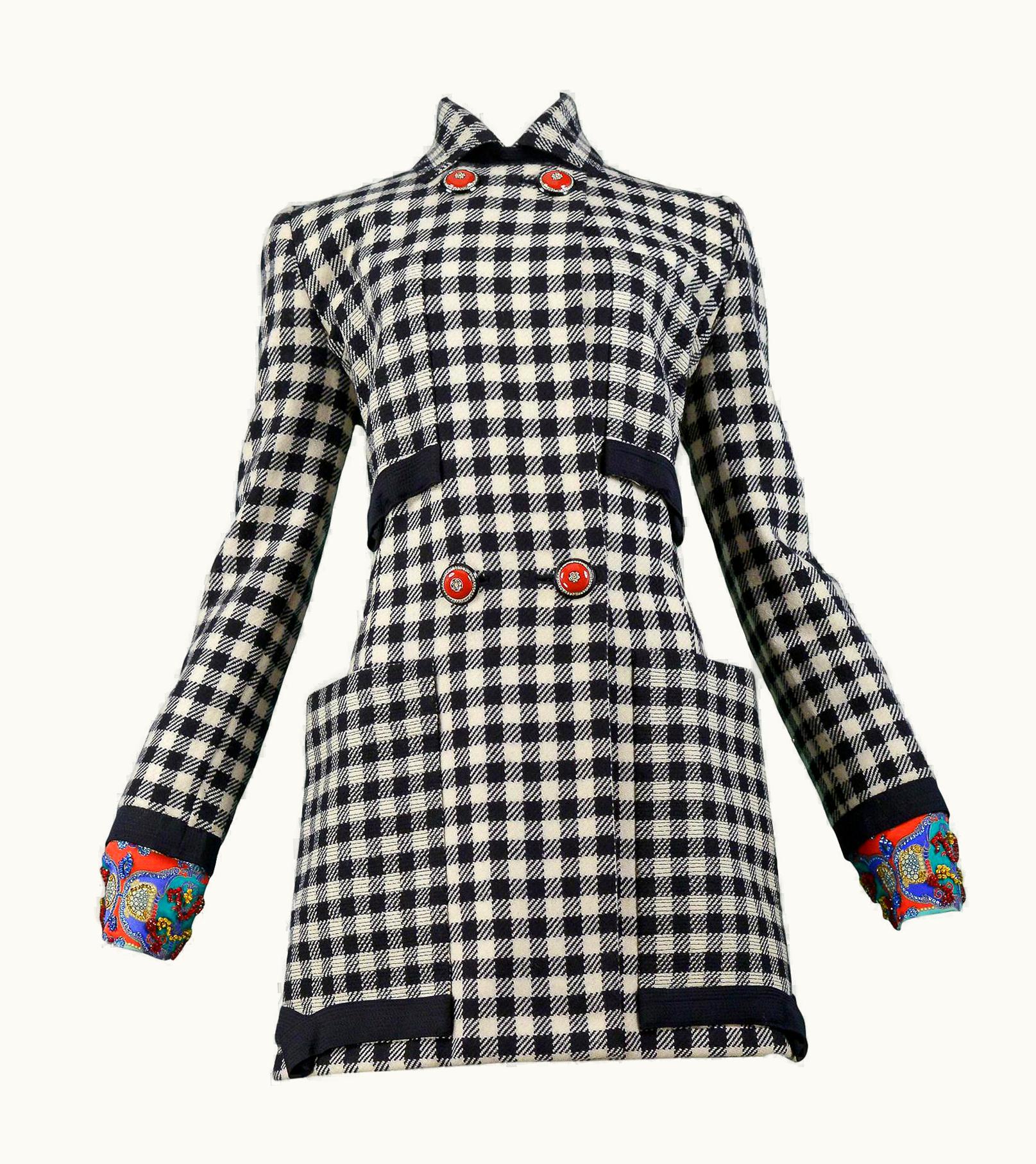 Versace Vintage Versace Black & White Check Beaded Coat 1991
