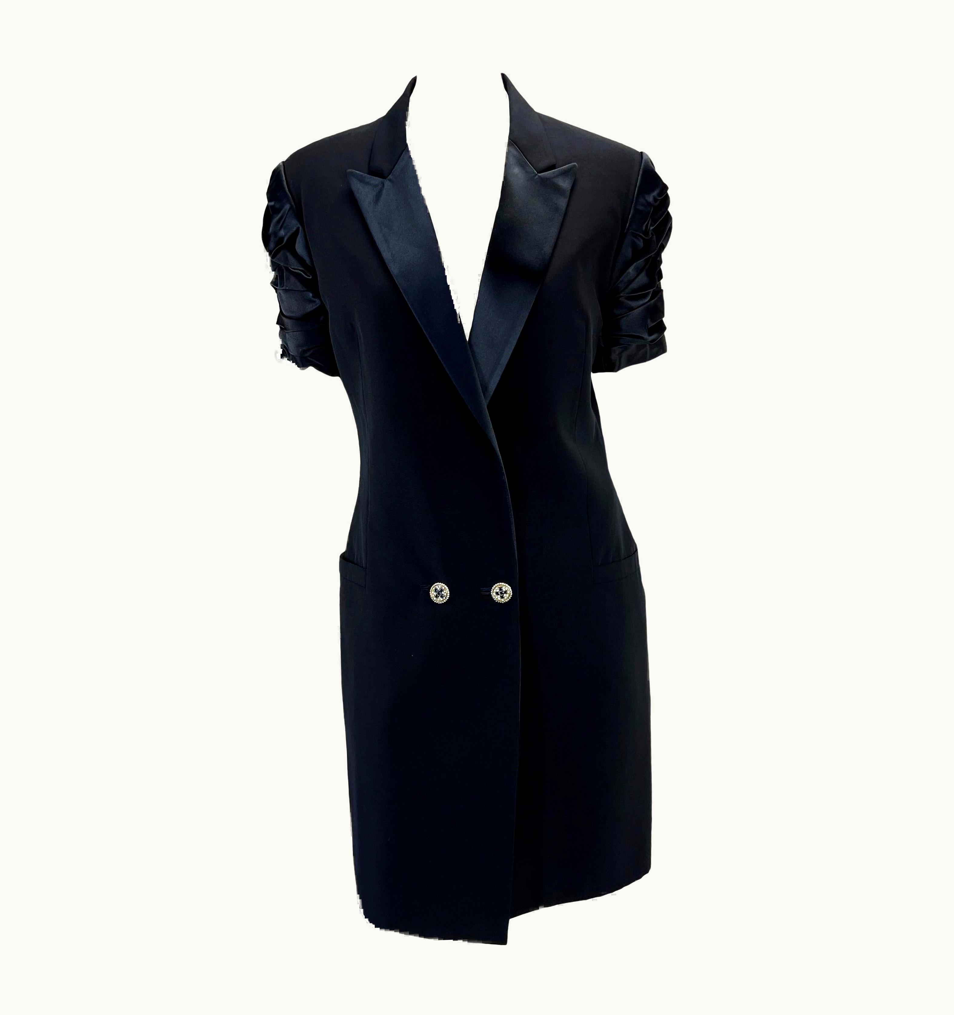 Gianni Versace Couture S/S 1990 Gianni Versace Couture Rhinestone Tuxedo Navy Ruched Blazer Dress