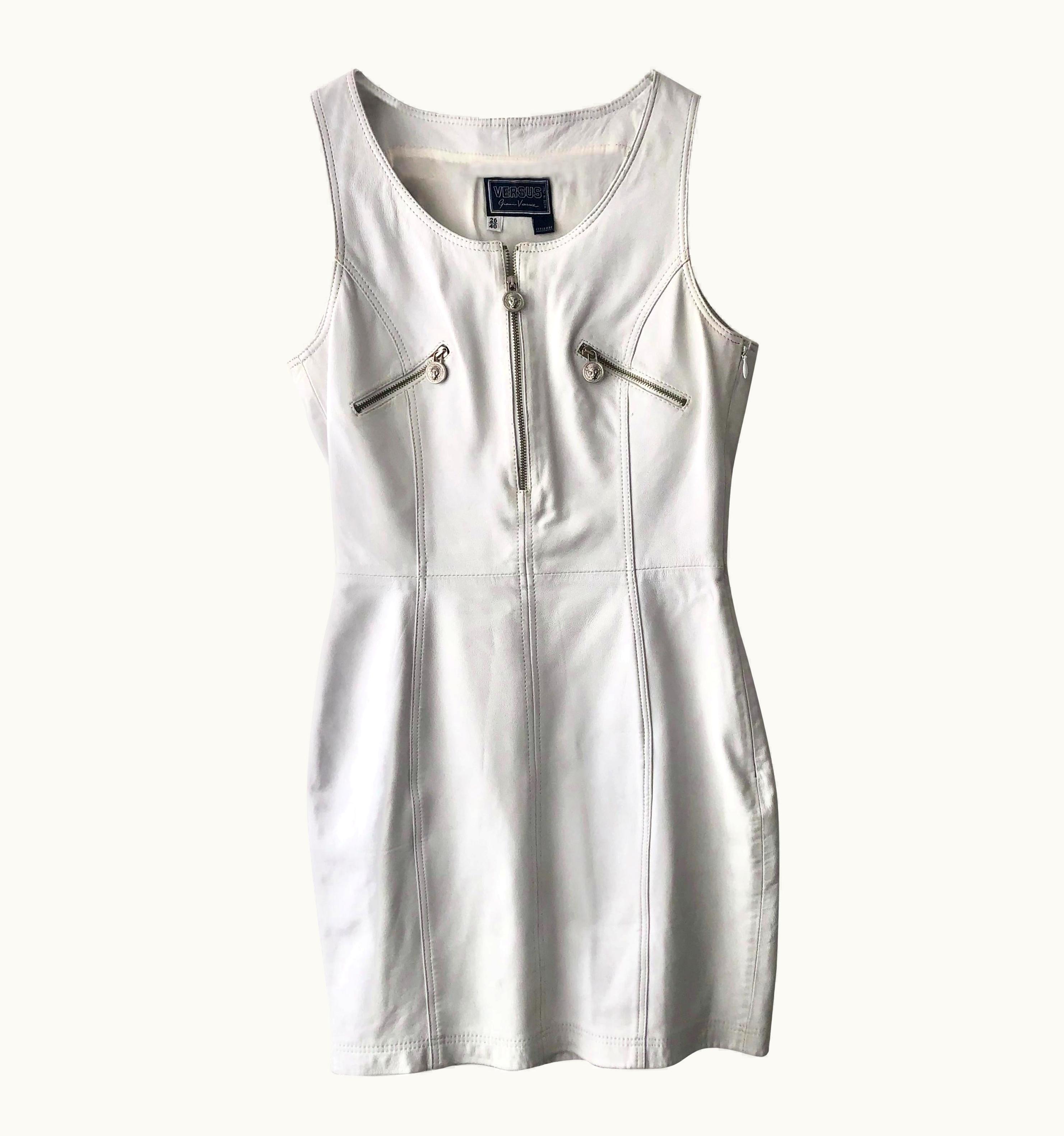 Versace 1990s Versace Medusa White Leather Zip Mini Dress
