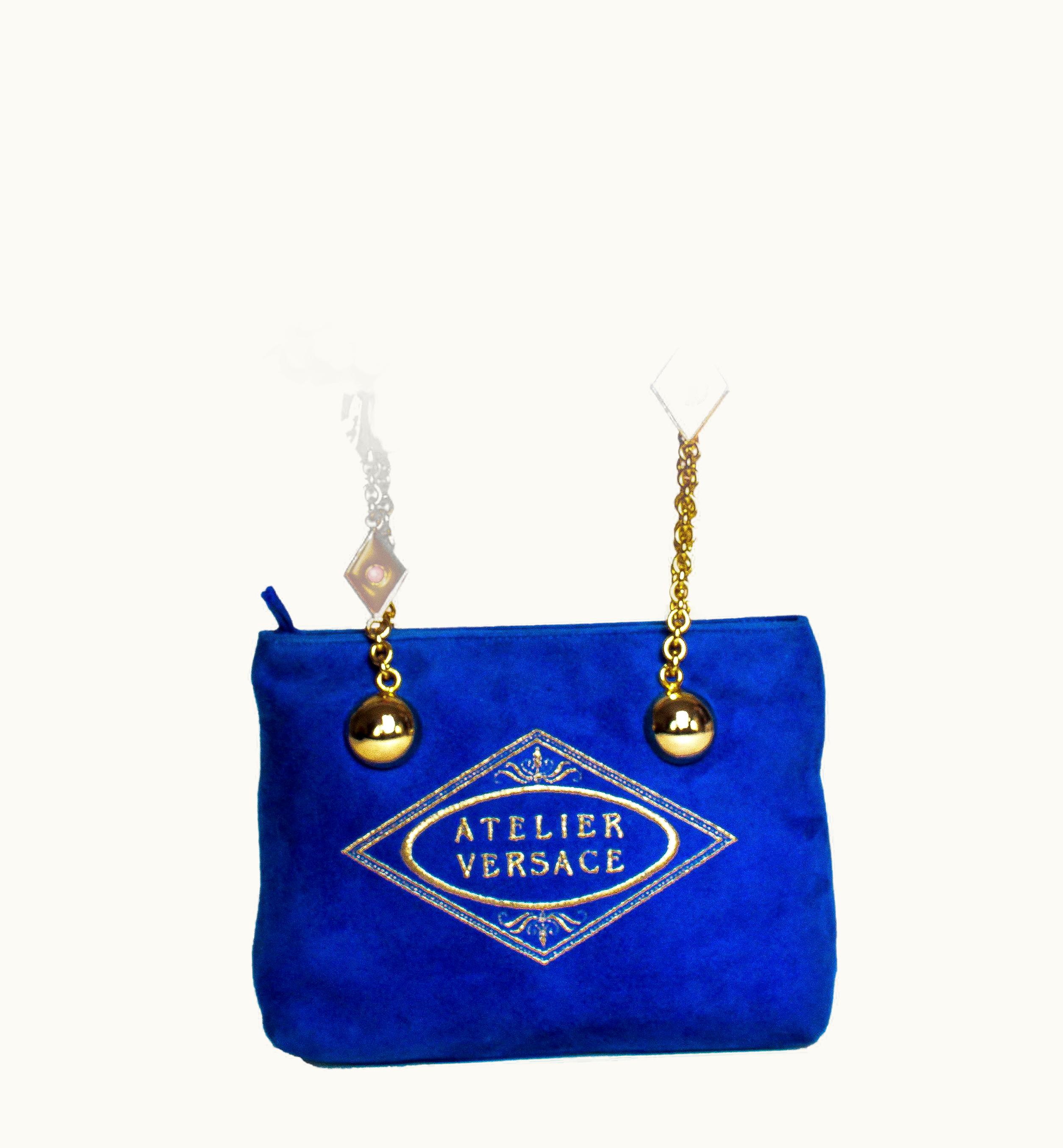 Gianni Versace Couture S/S 1991 Gianni Versace Blue Velvet Bag With Enamel Flower Chain Atelier Versace