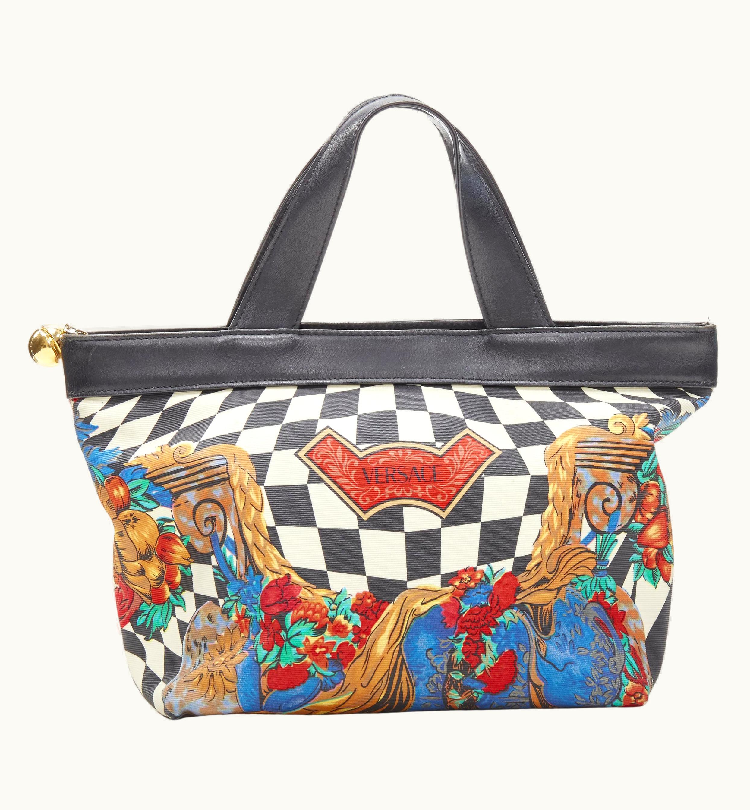 Gianni Versace Couture Gianni Versace Vintage 1990' Checkerboard Barocco Vase Leather Trim Tote Bag