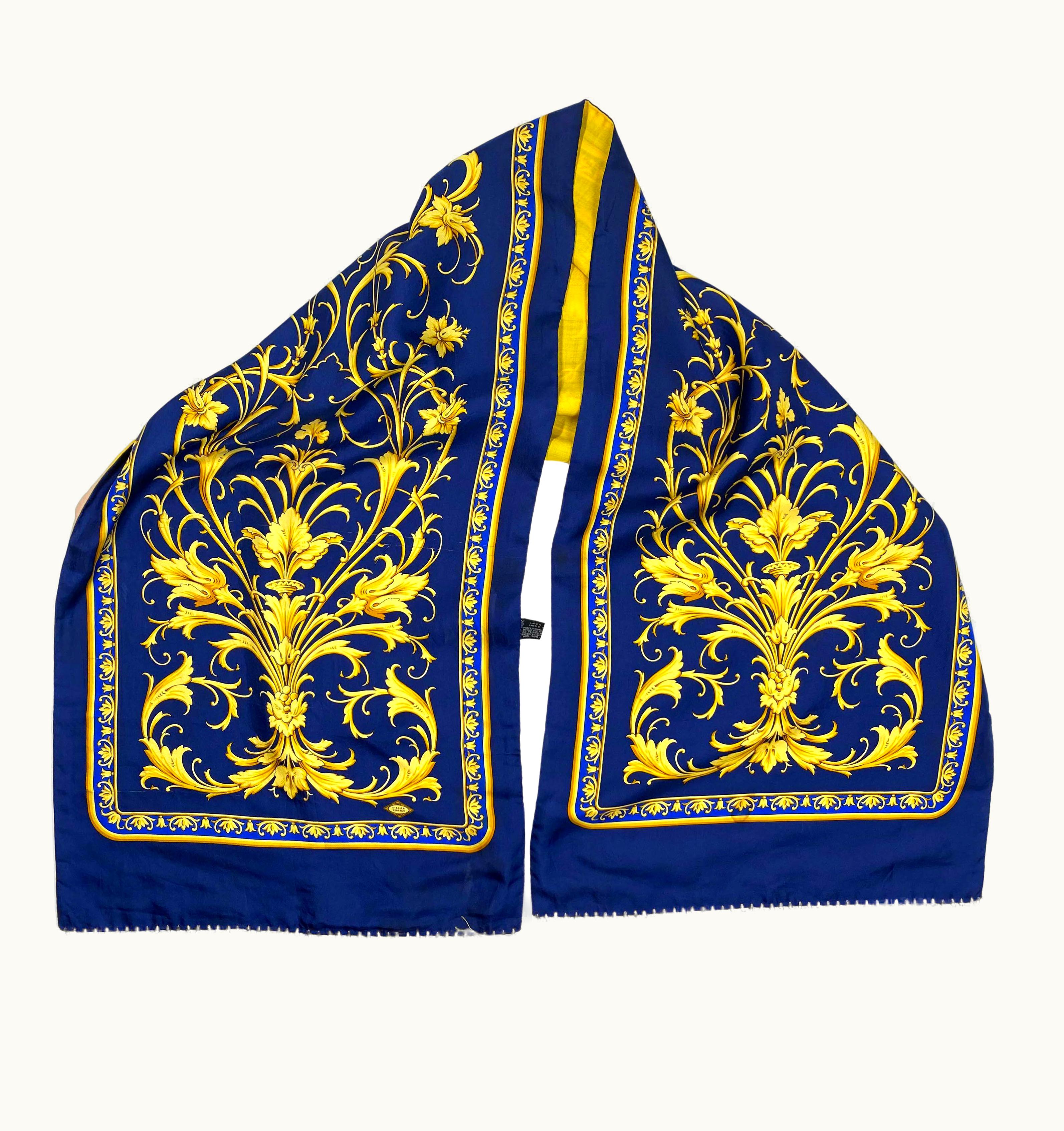 Versace Atelier Versace Baroque Navy Gold Fringe Silk Scarf